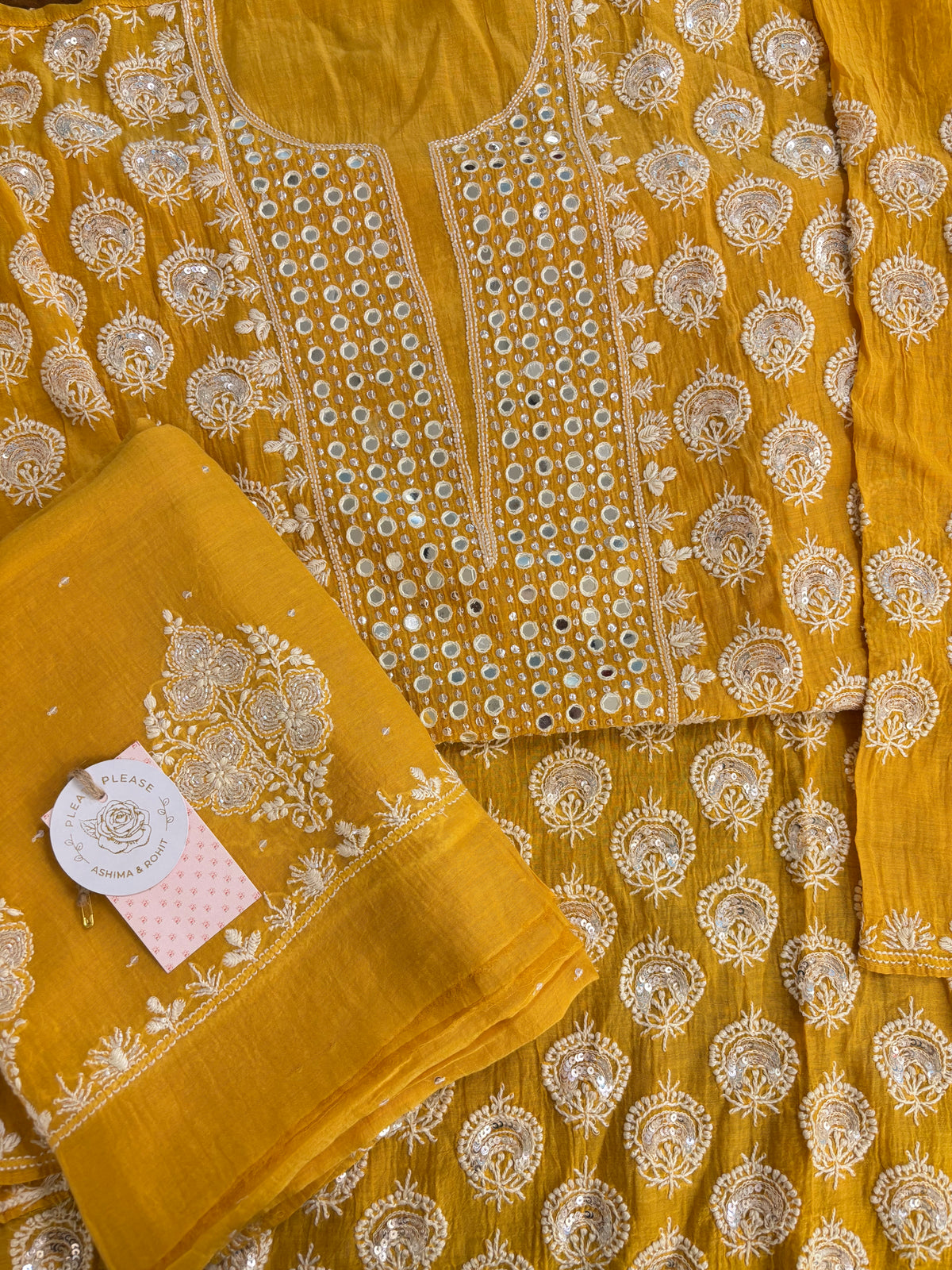 Mustard Yellow Chanderi Mul Chikankari Kurta & Dupatta