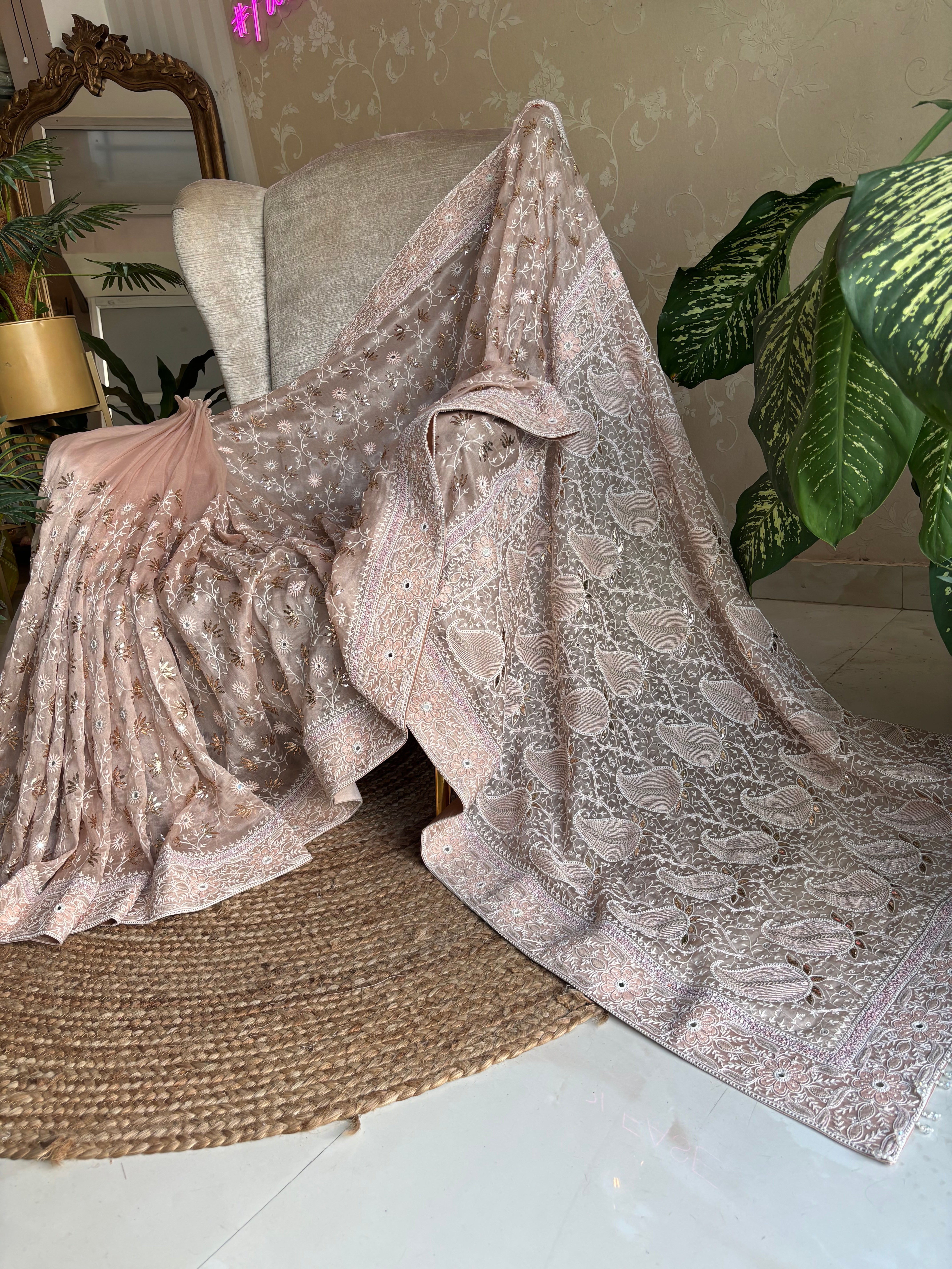 Dusty Peach Pure And Premium Organza Chikankari and Mukaish Saree