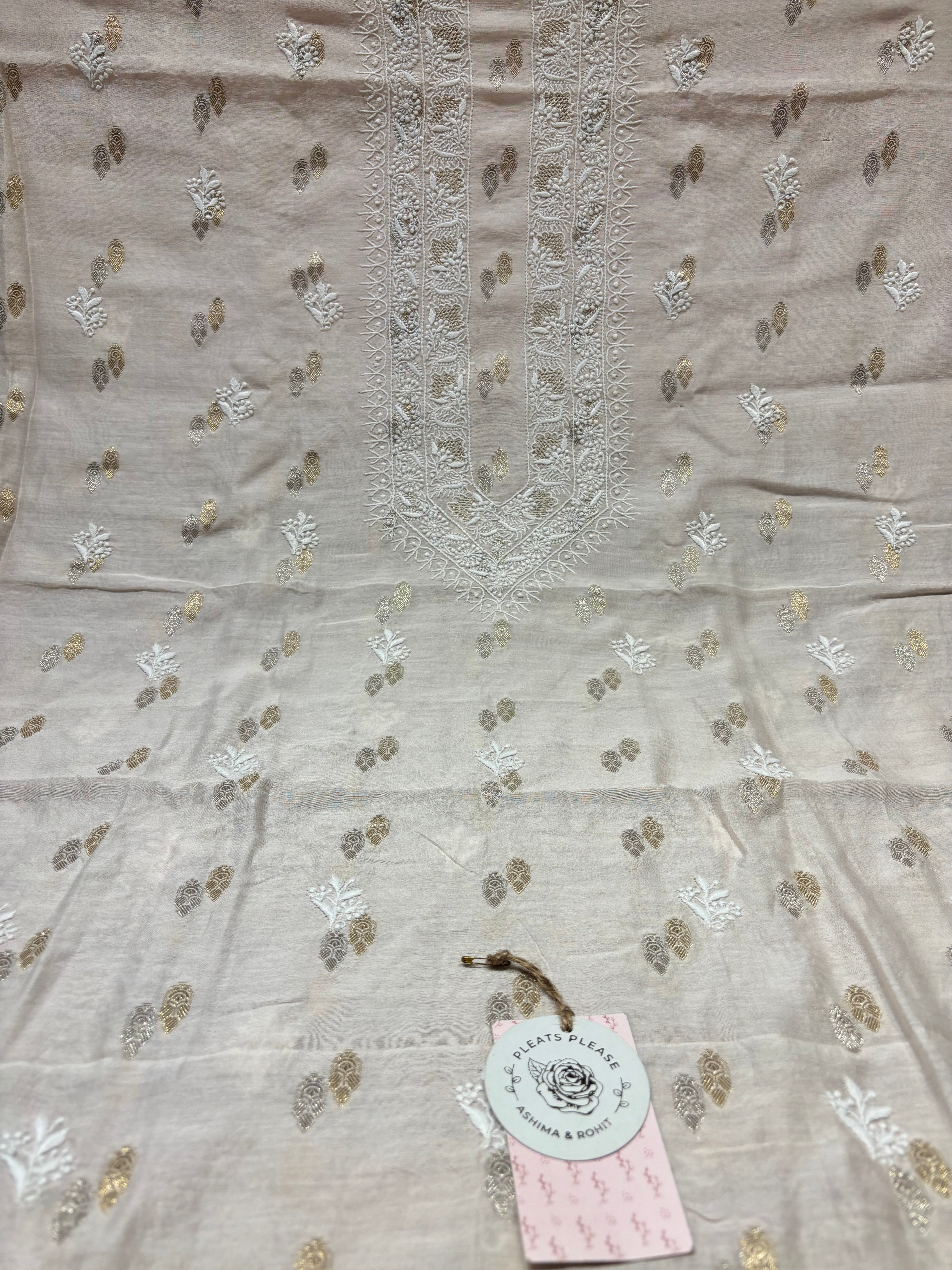 Nude Pink Chanderi Silk Chikankari Men’s Kurta Fabric