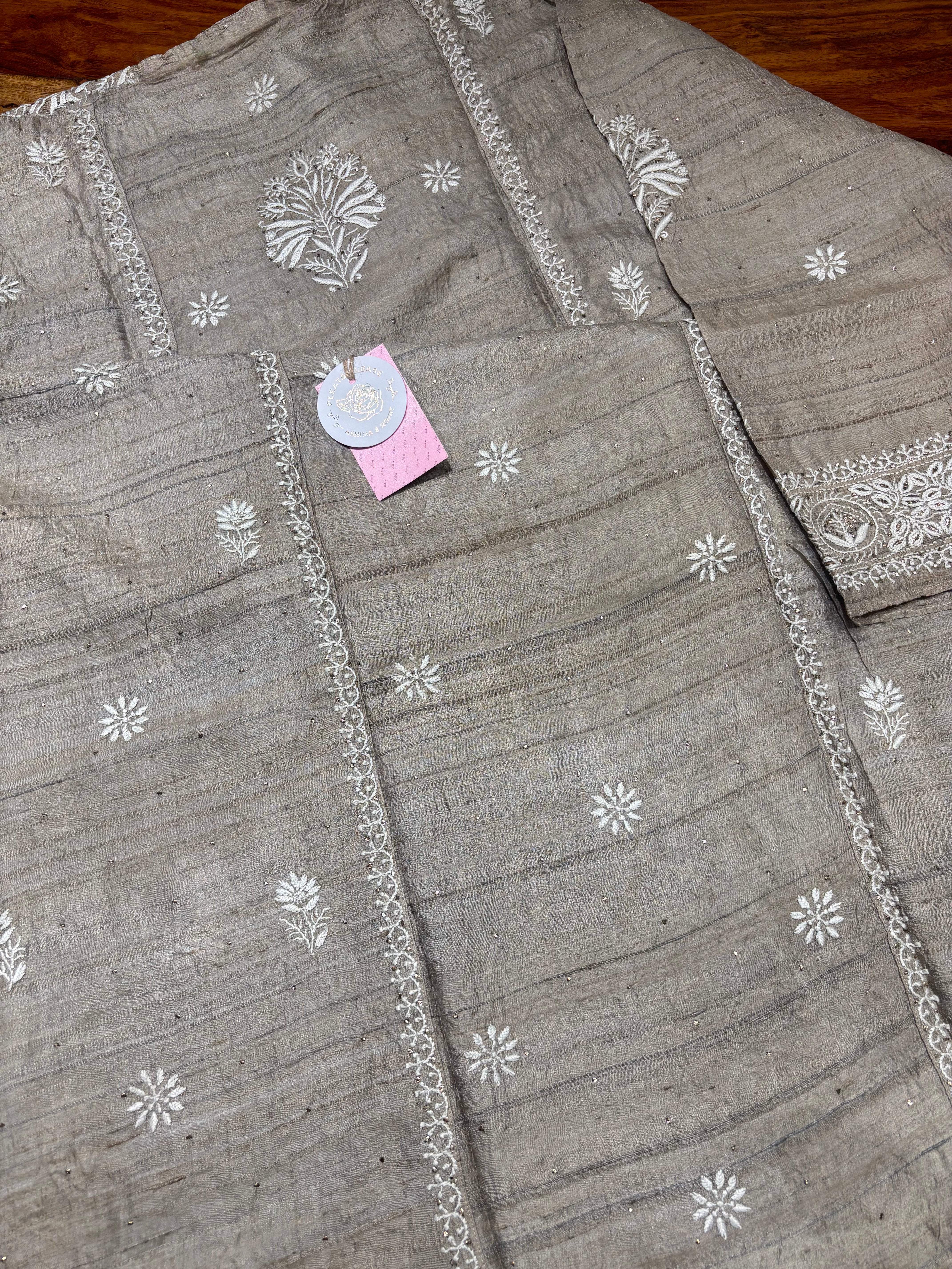 Charcoal Gray Pure & Premium Tussar Silk Chikankari & Mukaish Kurta & Dupatta Set