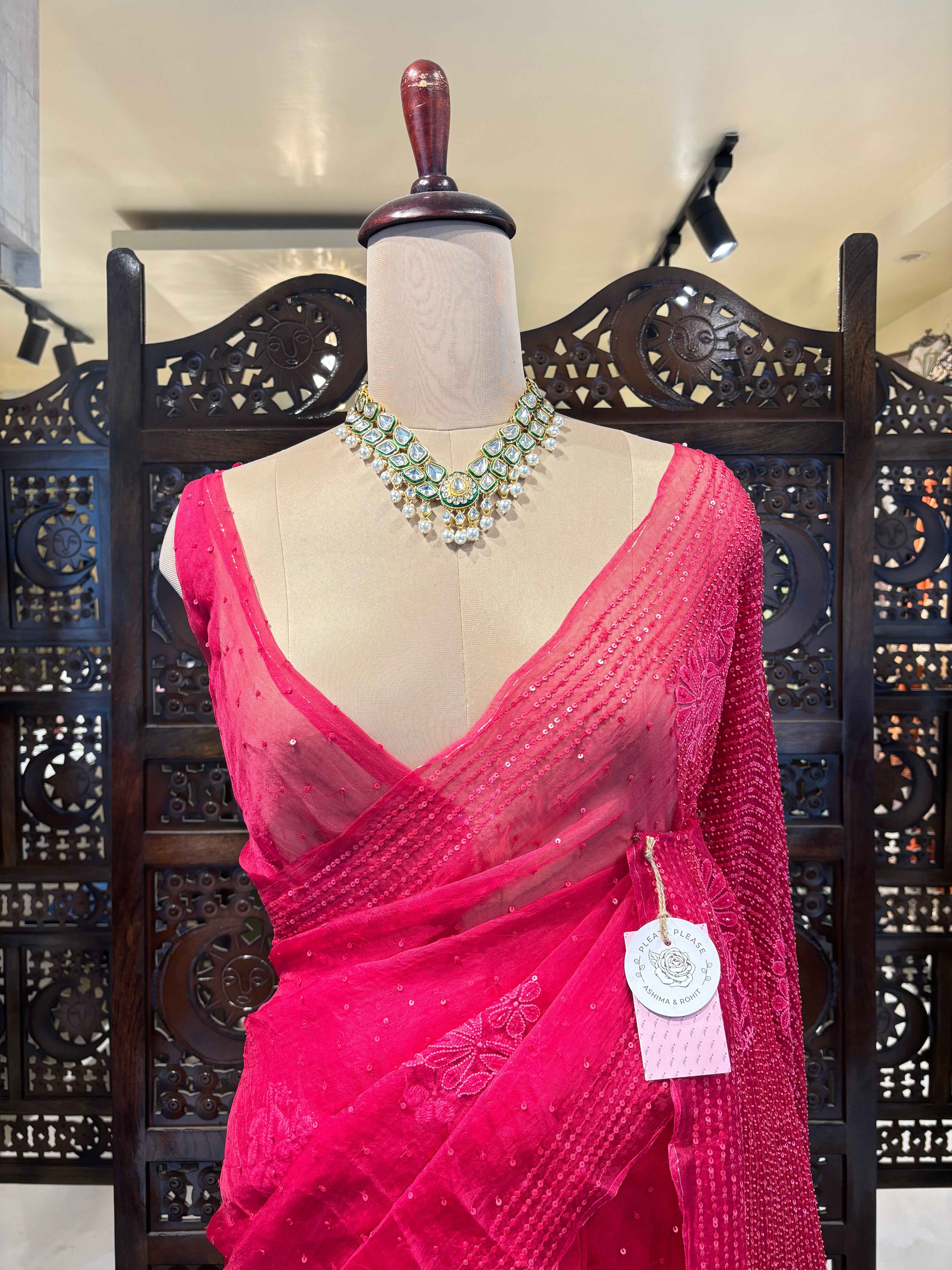 Fuchsia Pink Pure Organza Chikankari Saree