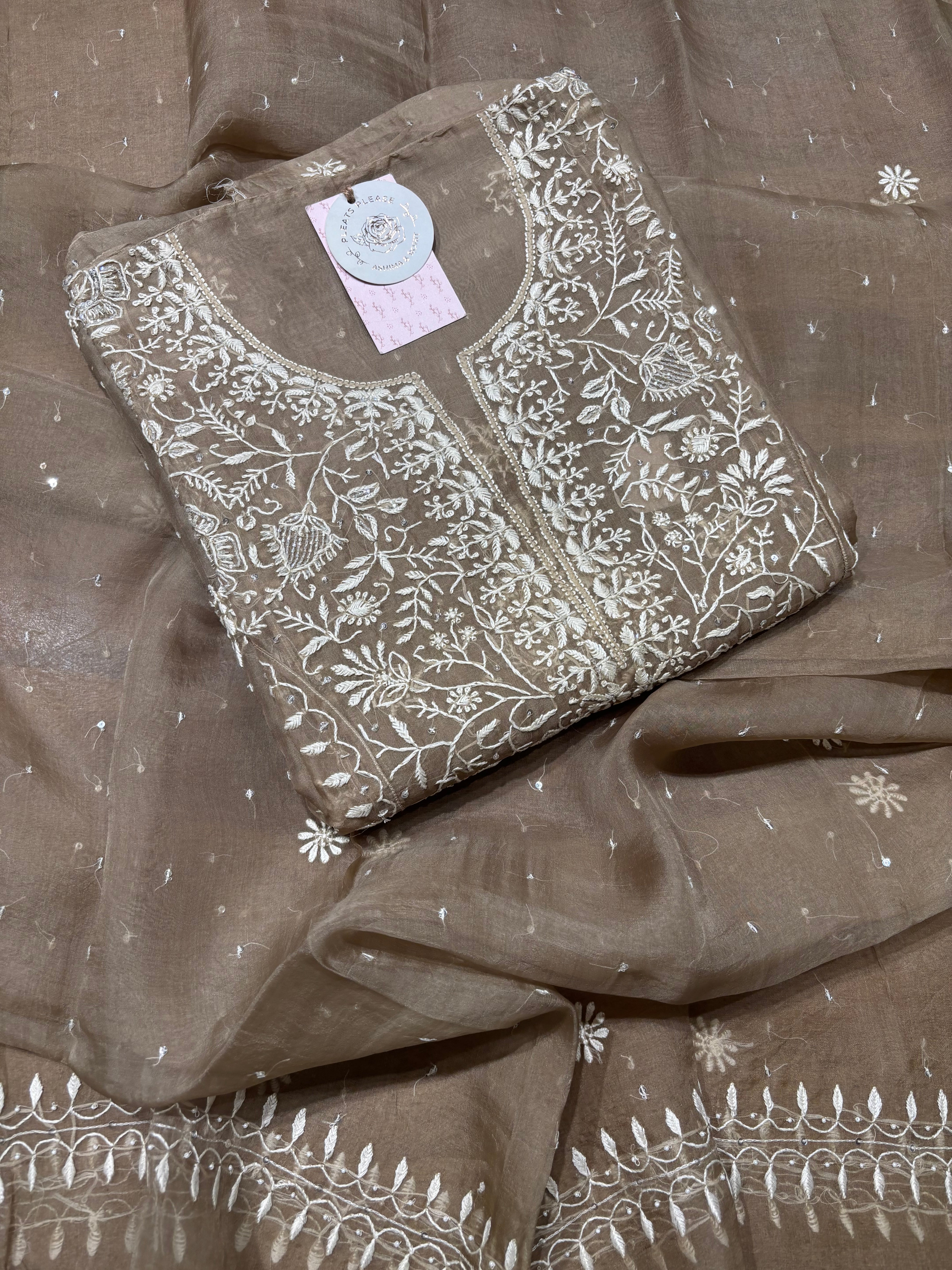 Brown Organza Chikankari Kurta and Dupatta set