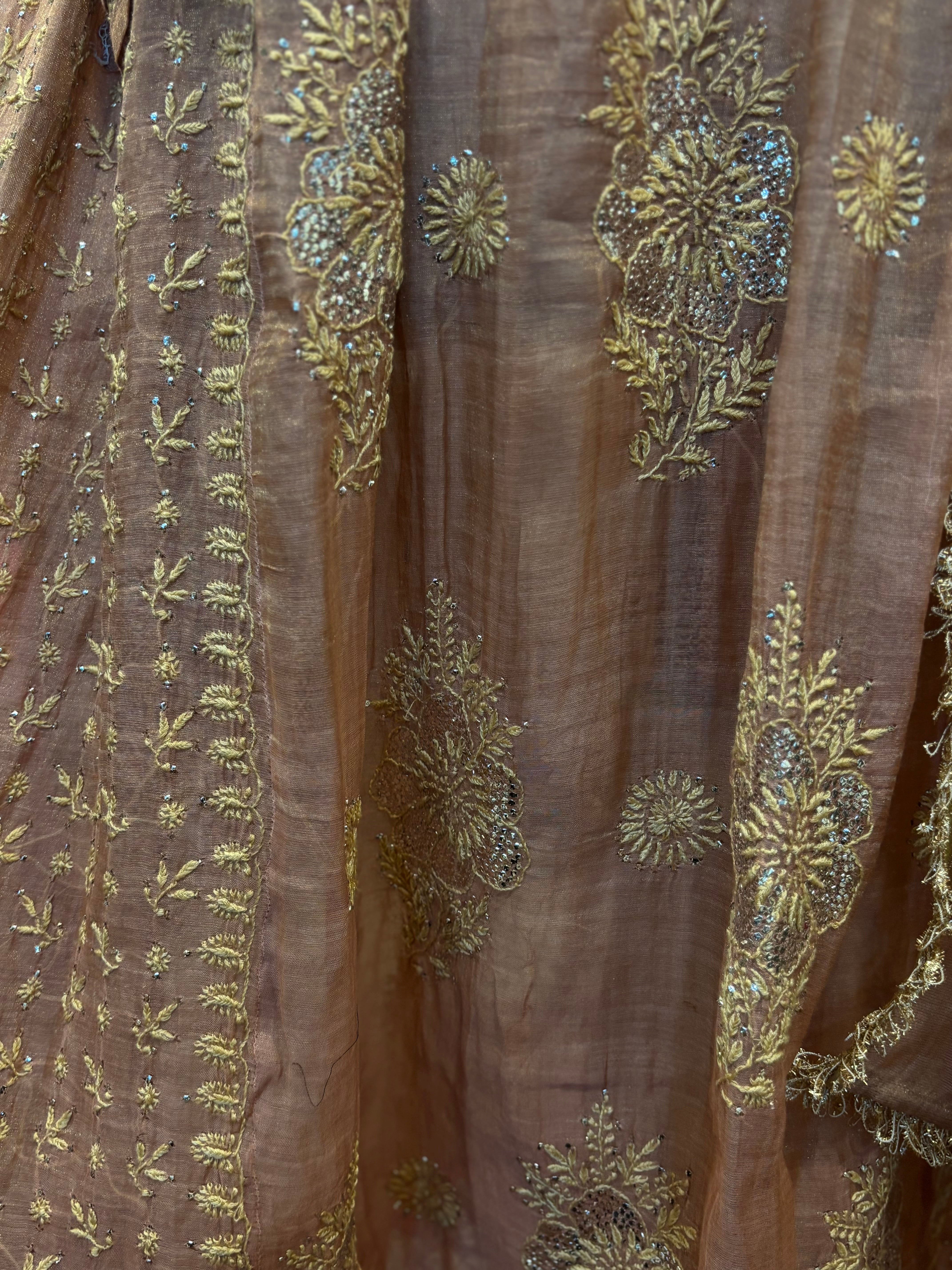 Rose Gold pure & Premium Tissue Chikankari & Mukaish Angrakha Kurta and Dupatta Set