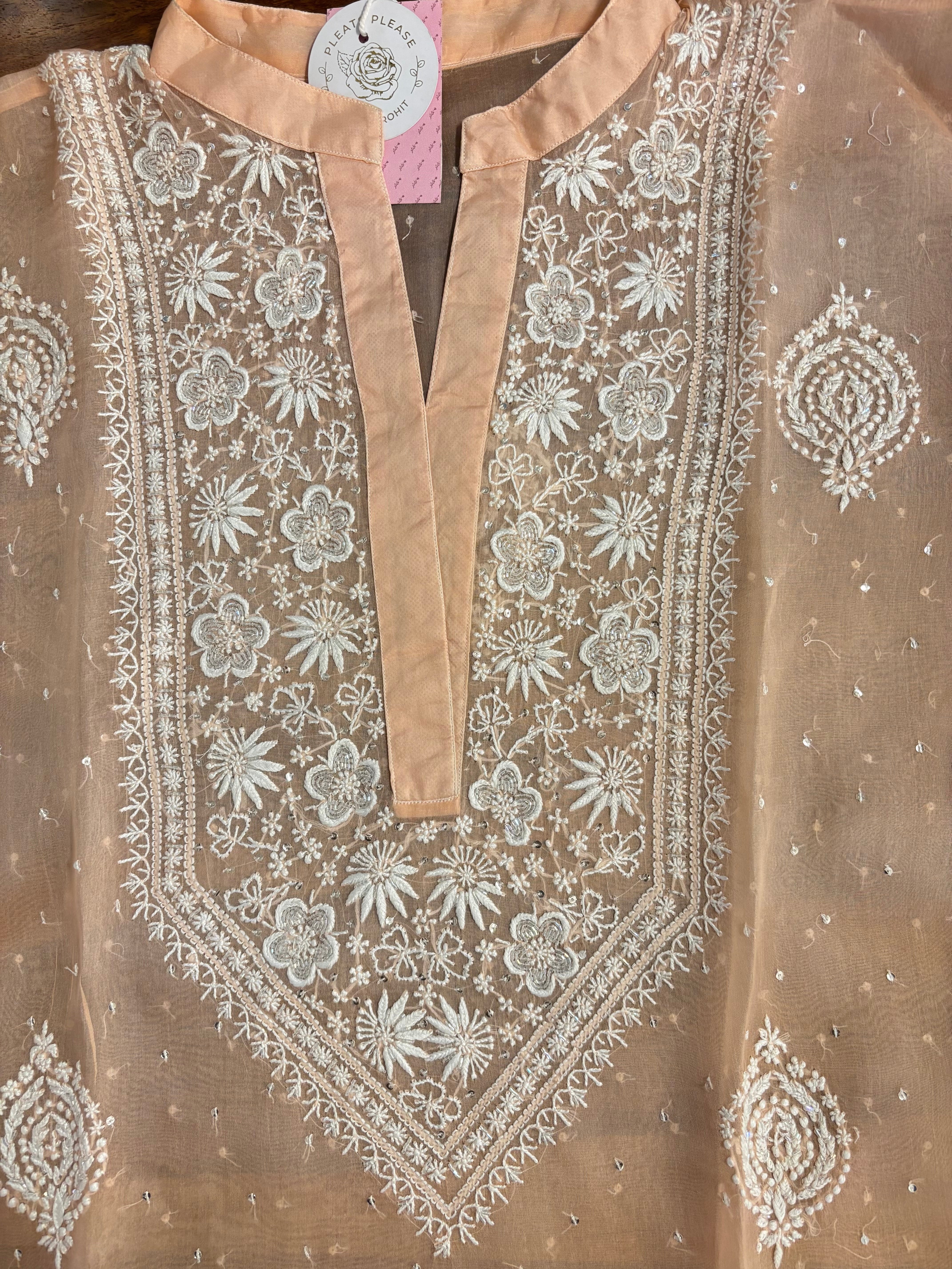 Peach Pure Organza Chikankari Co-ord Set