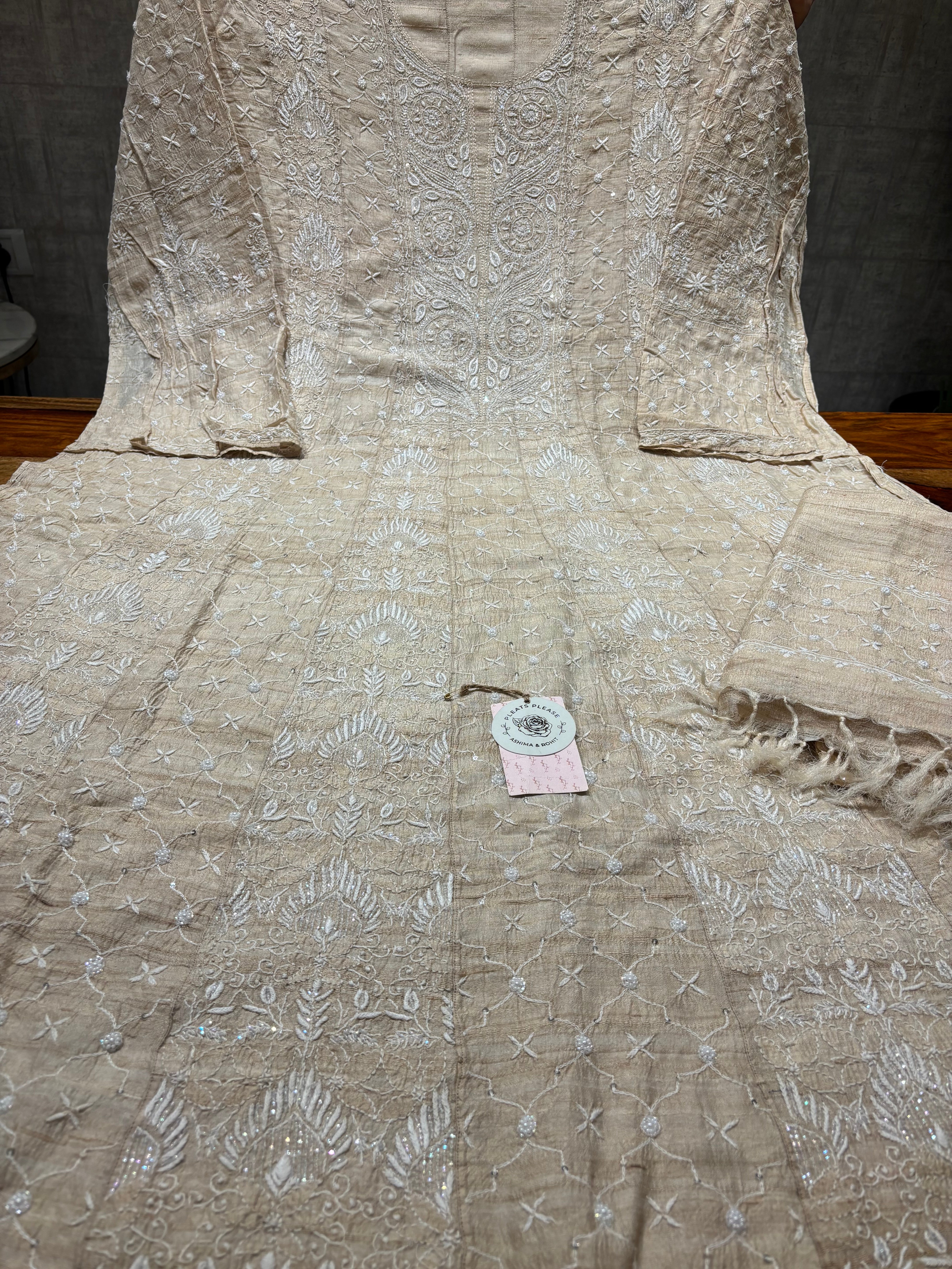 Dyeable Pure Tussar Silk Chikankari Anarkali & Dupatta Set
