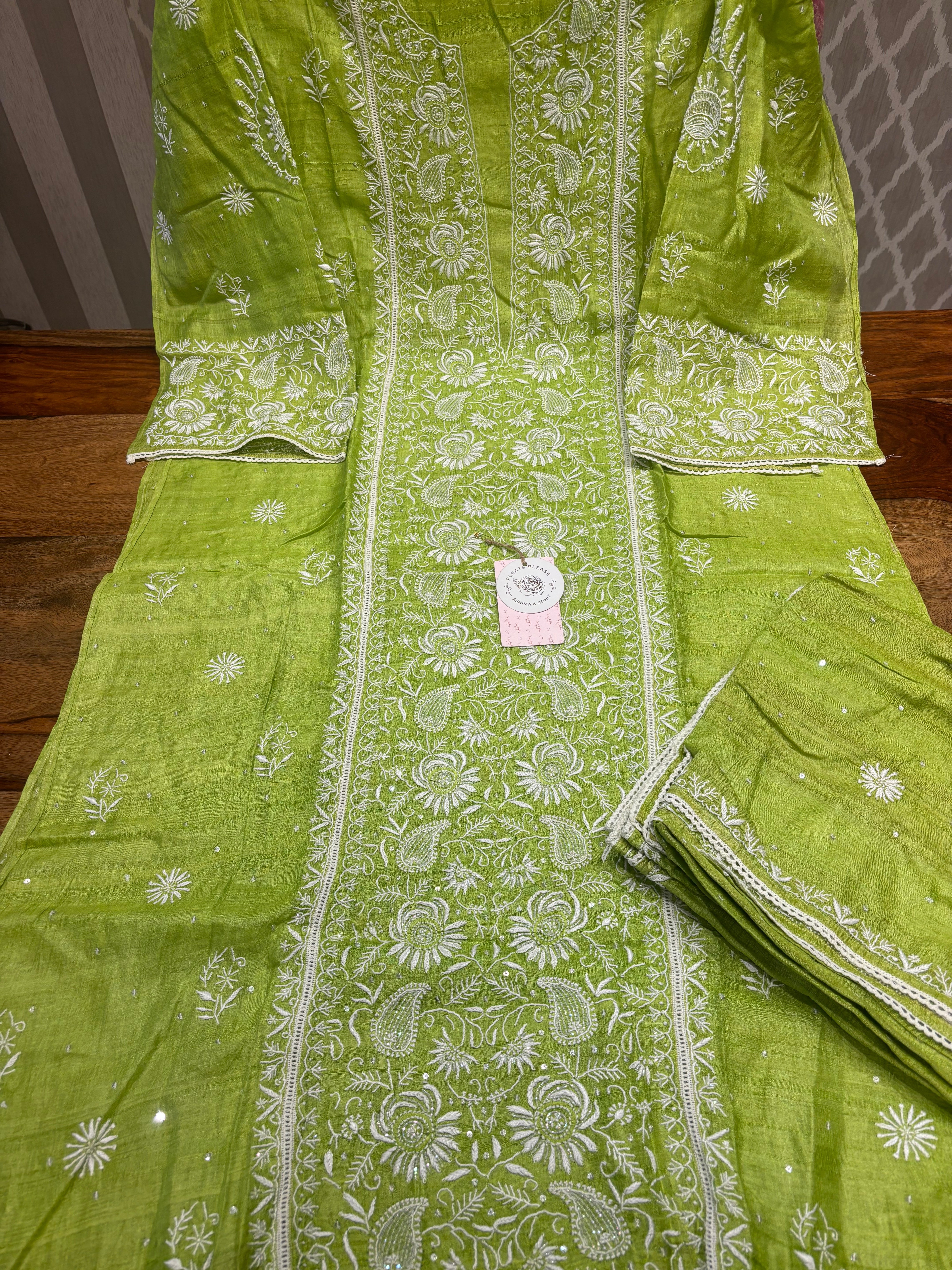 Green Silk Chikankari Kurta and Dupatta