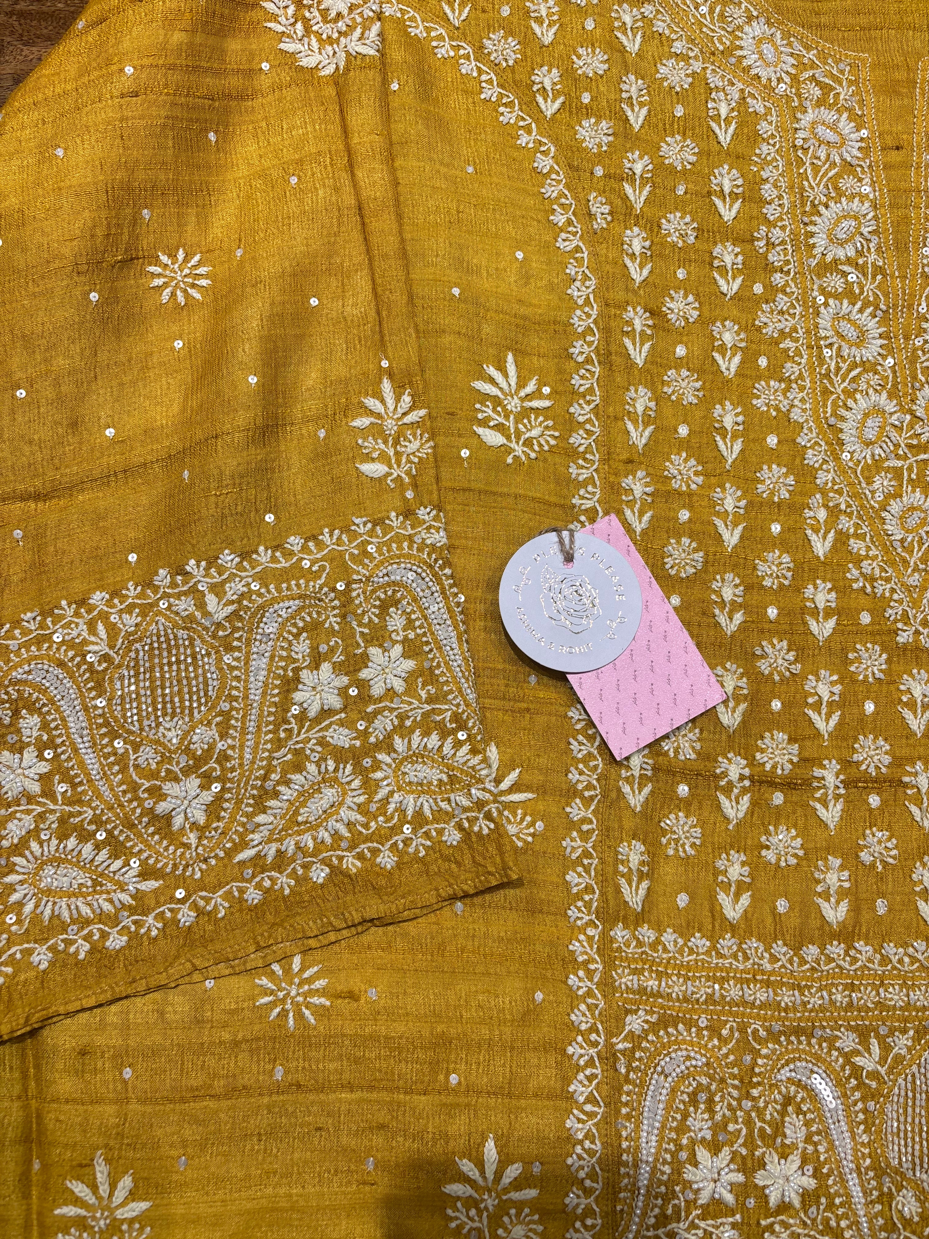 Mustard pure and premium Tussar Silk Chikankari Kurta and Dupatta Set