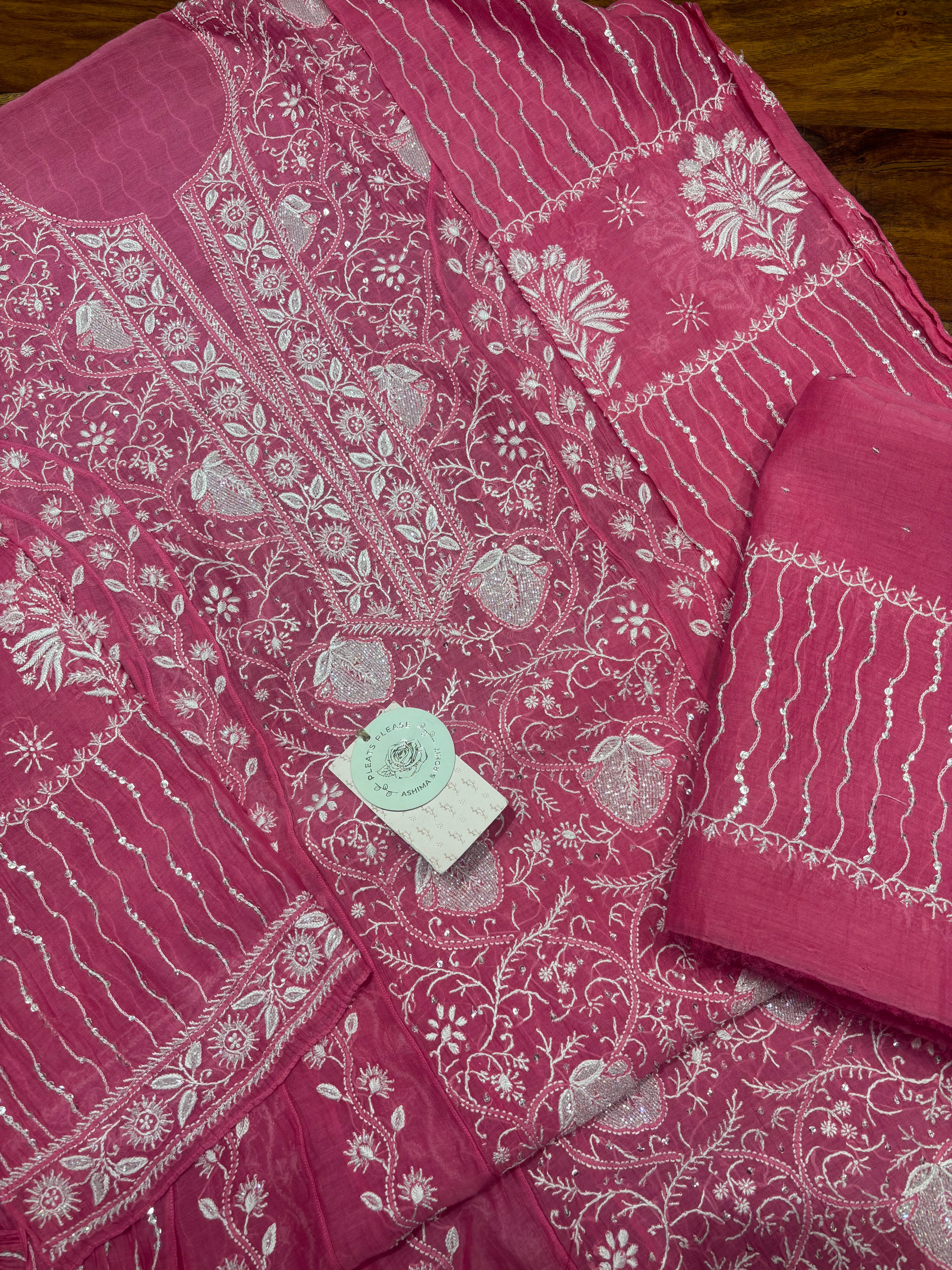 Fuschia Pink Chanderi Mul Chikankari Anarkali & Dupatta Set