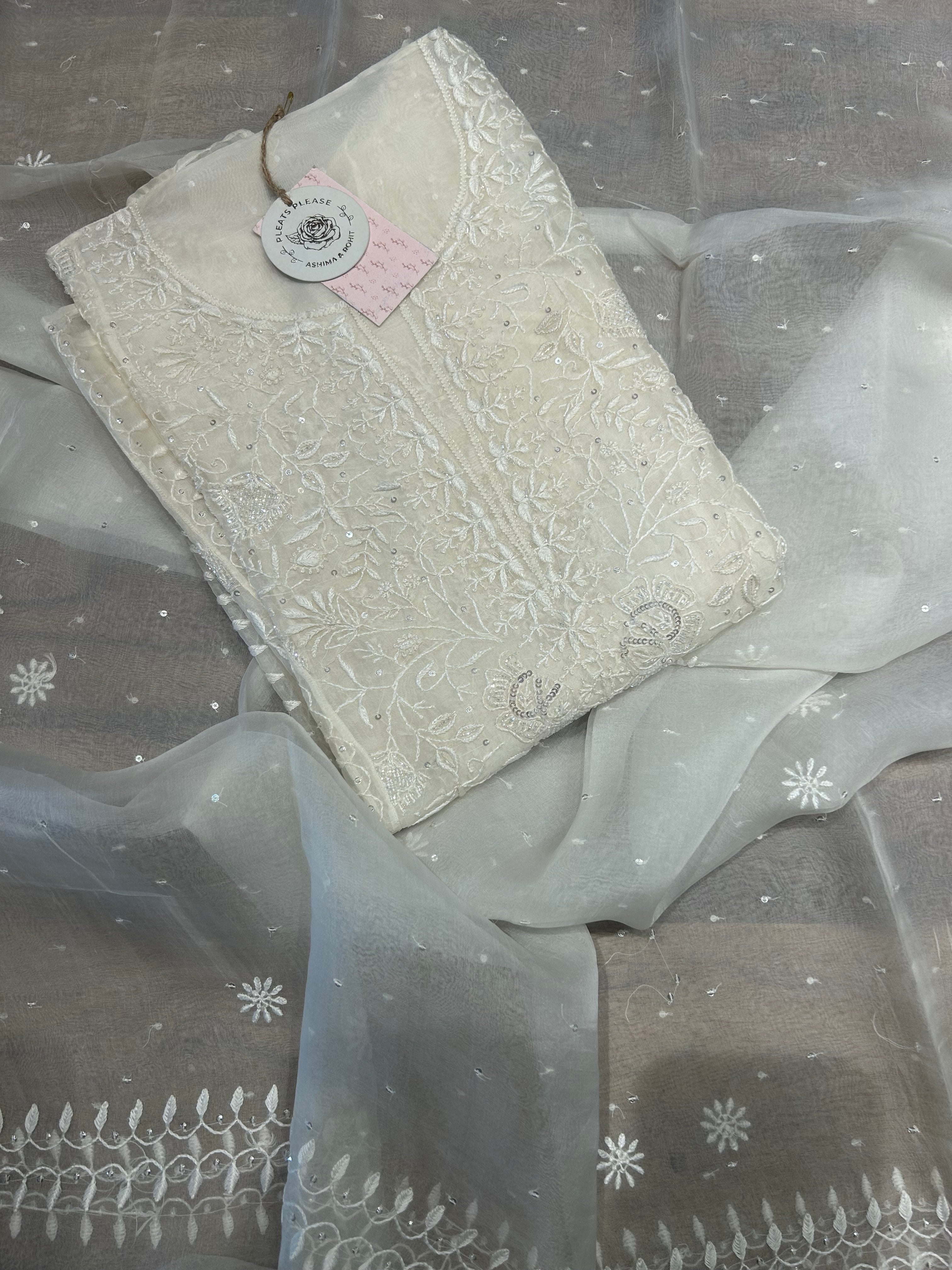Dyeable Chikankari Organza Kurta & Dupatta Set