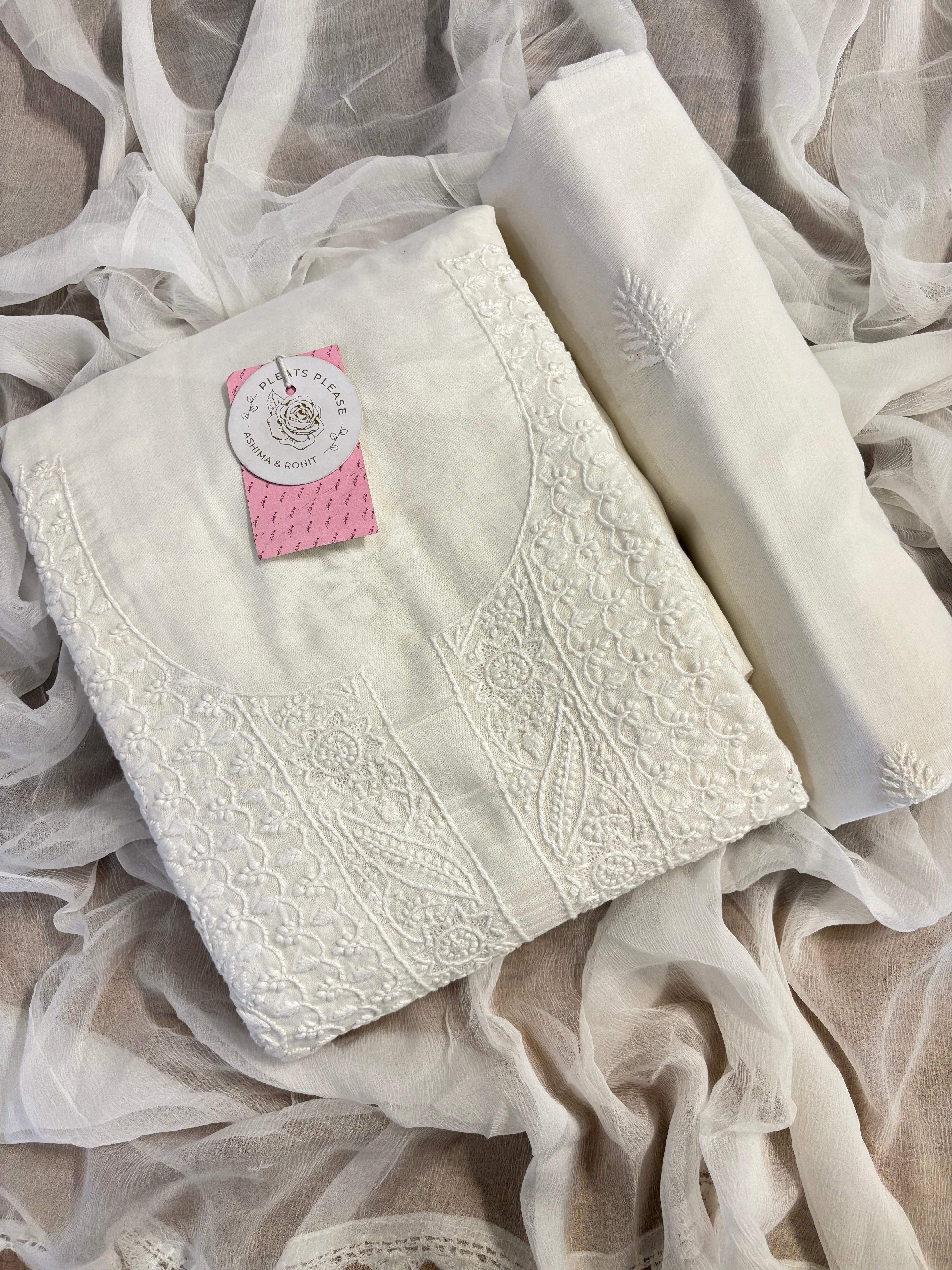 White Cotton Chikankari Kurta, Dupatta With Bottom