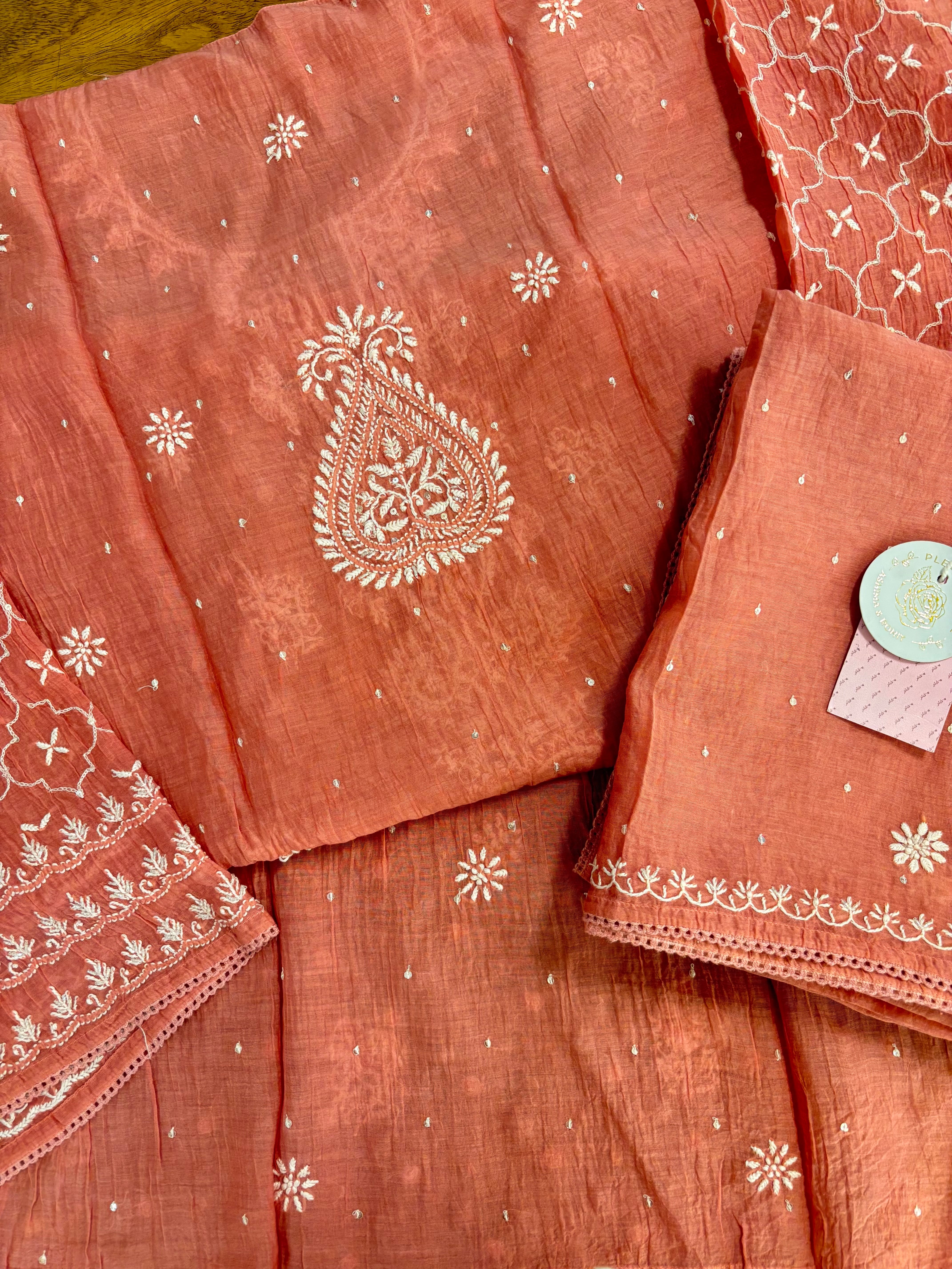 Peach Chanderi Mul Chikankari Kurta & Dupatta