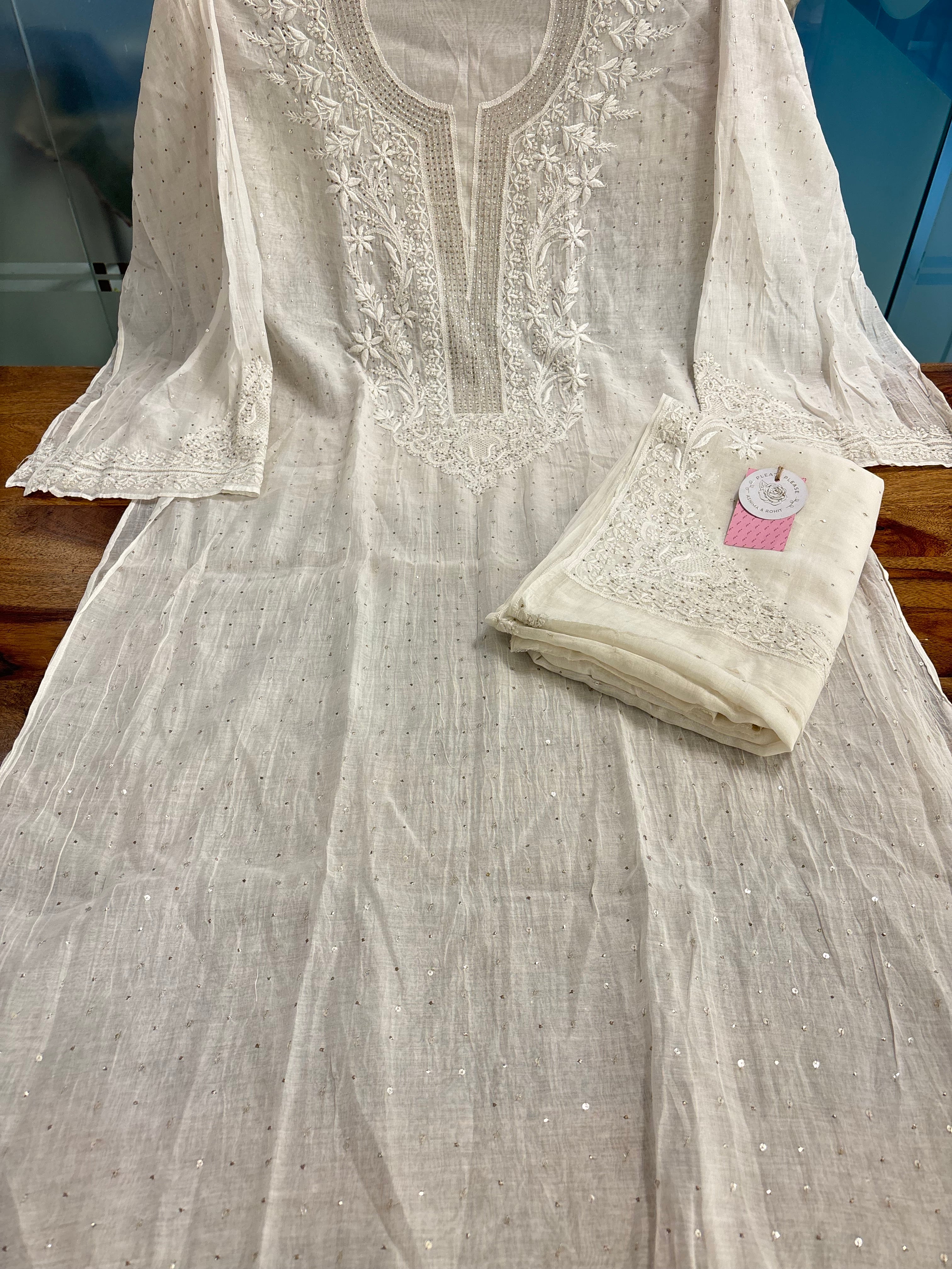 Dyeable Chanderi Mul Mukaish Chikankari Kurta & Dupatta
