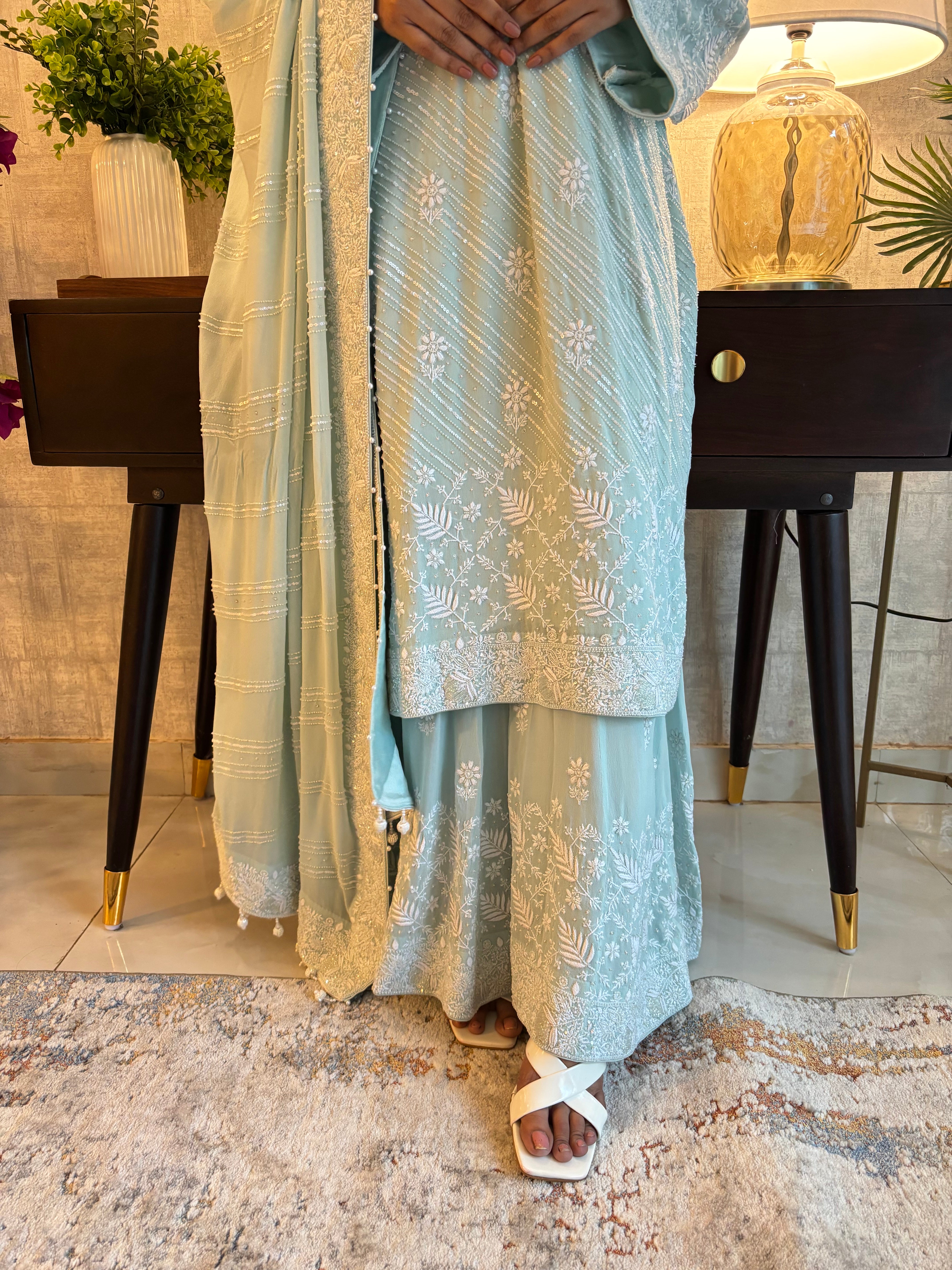 Ice Blue Pure & Premium Georgette Kurta, Sharara & Dupatta Set