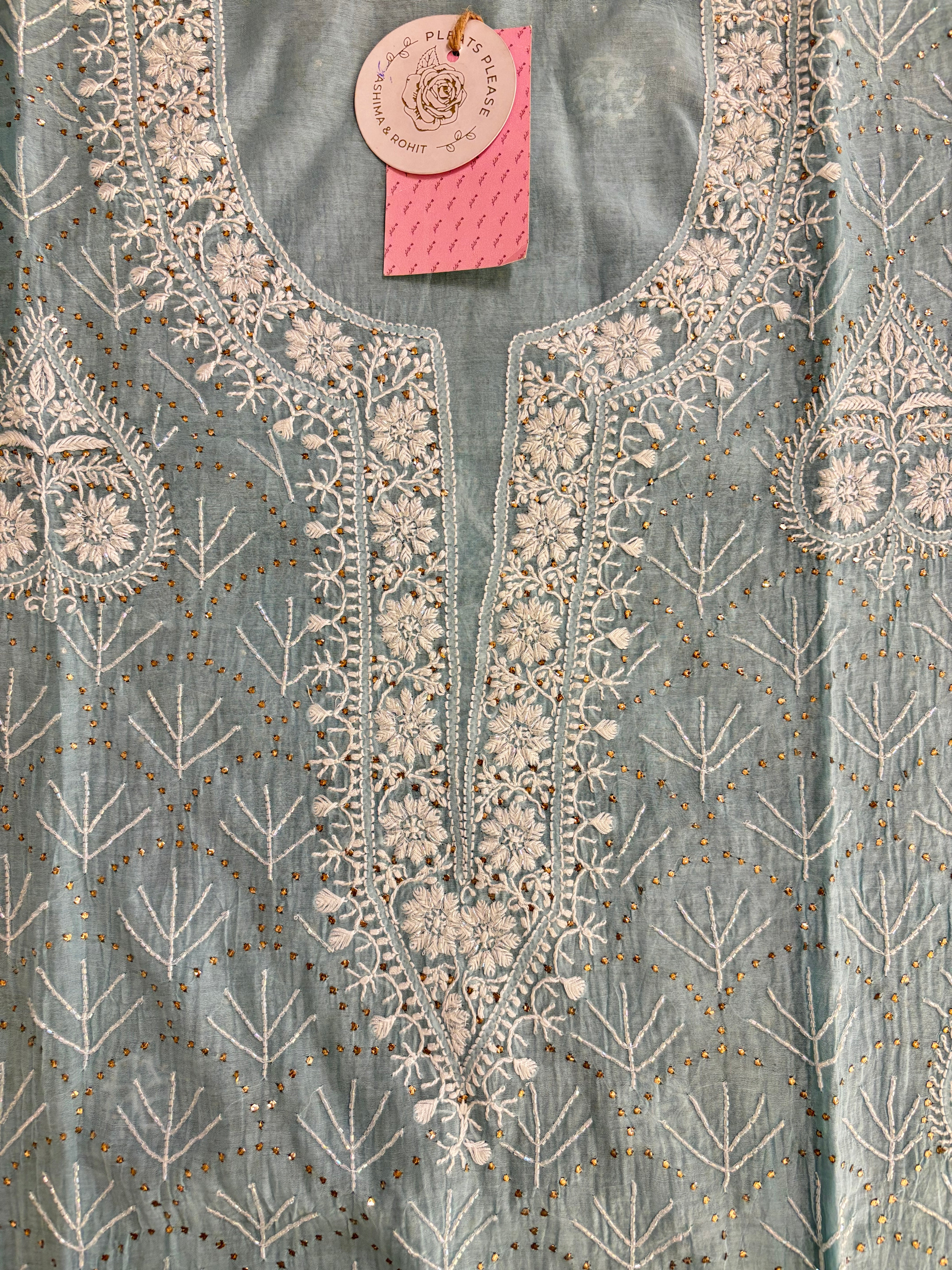 Ice Blue Chanderi Mul Chikankari Mukaish Kurta & Dupatta