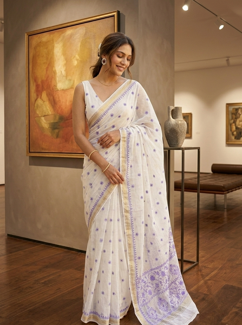 Dyeable Pure Chanderi Maheshwari Chikankari Saree