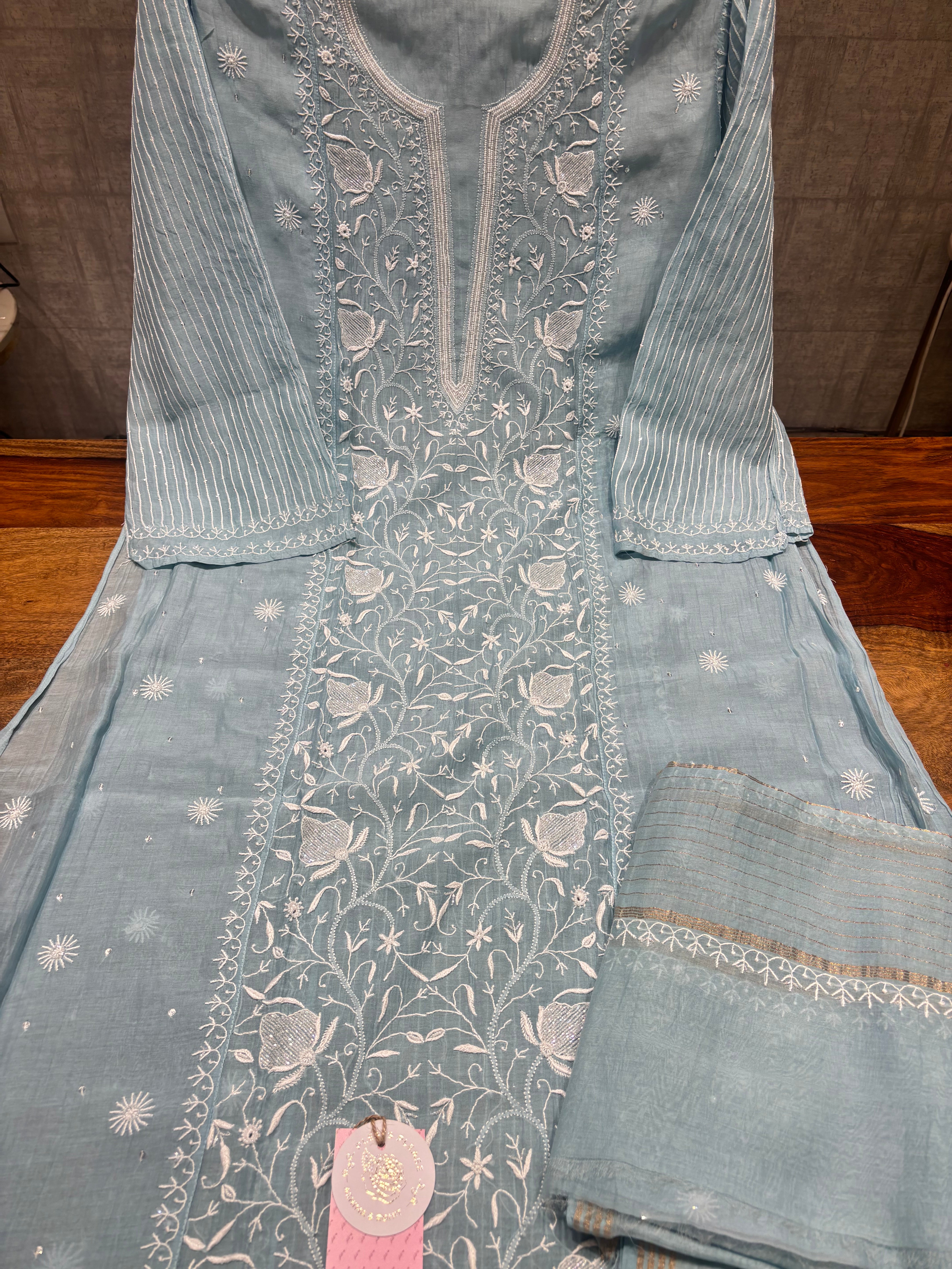 Powder Blue Chanderi Mul Chikankari Kurta and Dupatta Set
