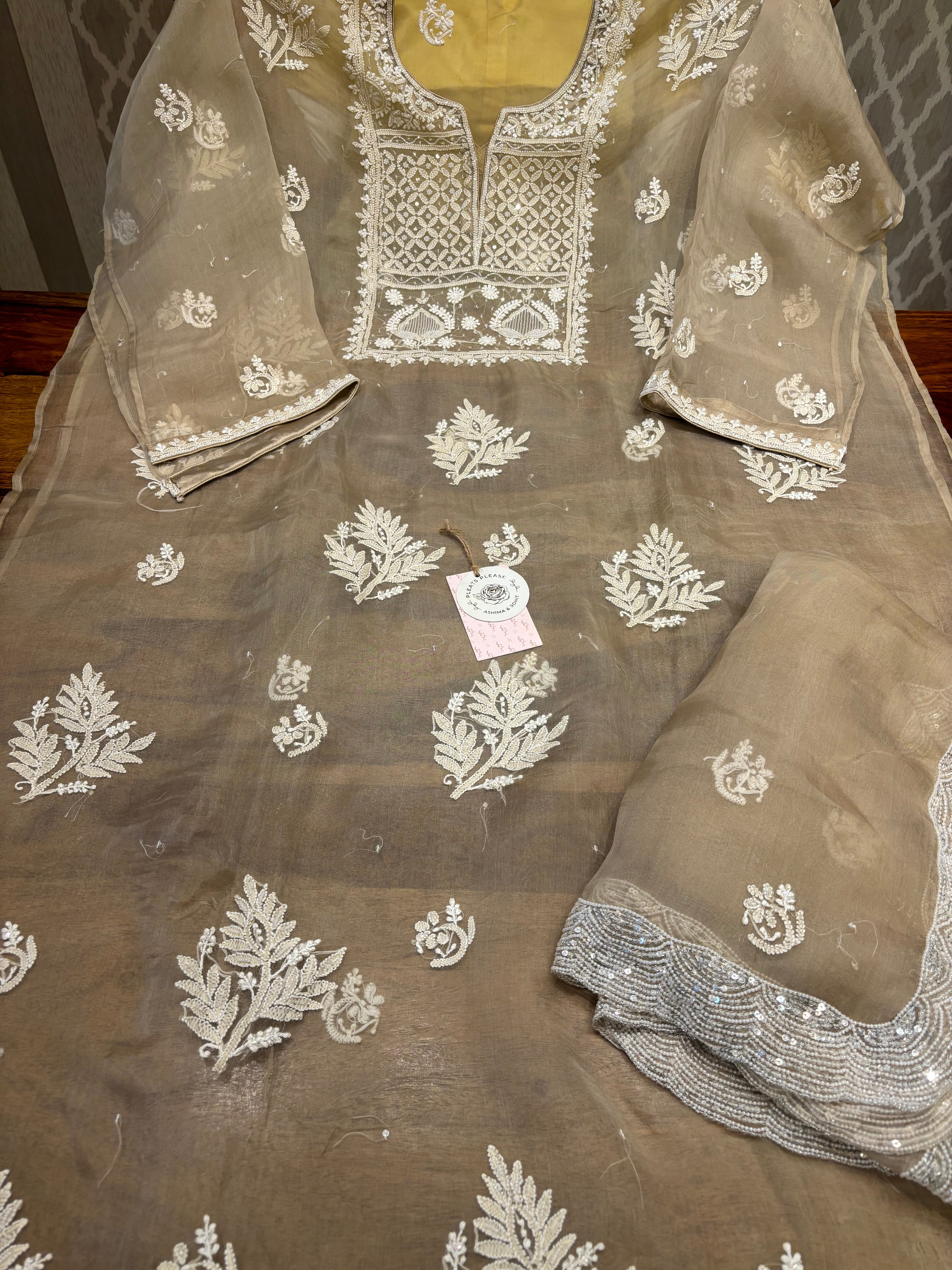 Brown Organza Silk Chikankari Kurta And Dupatta Set