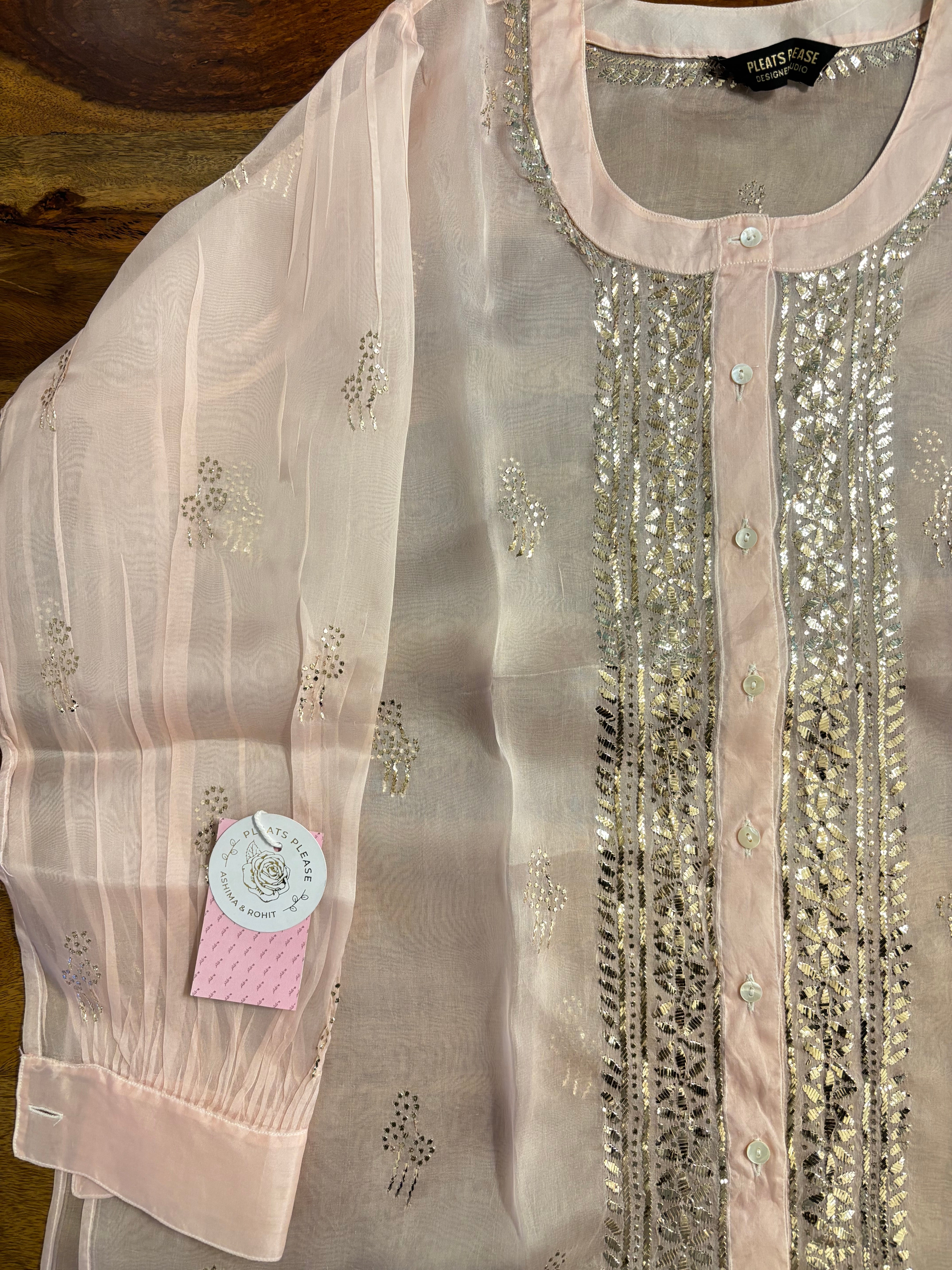Pastel Pink Pure Organza Mukaish Co-Ord Set - Pleats PleaseChikankari