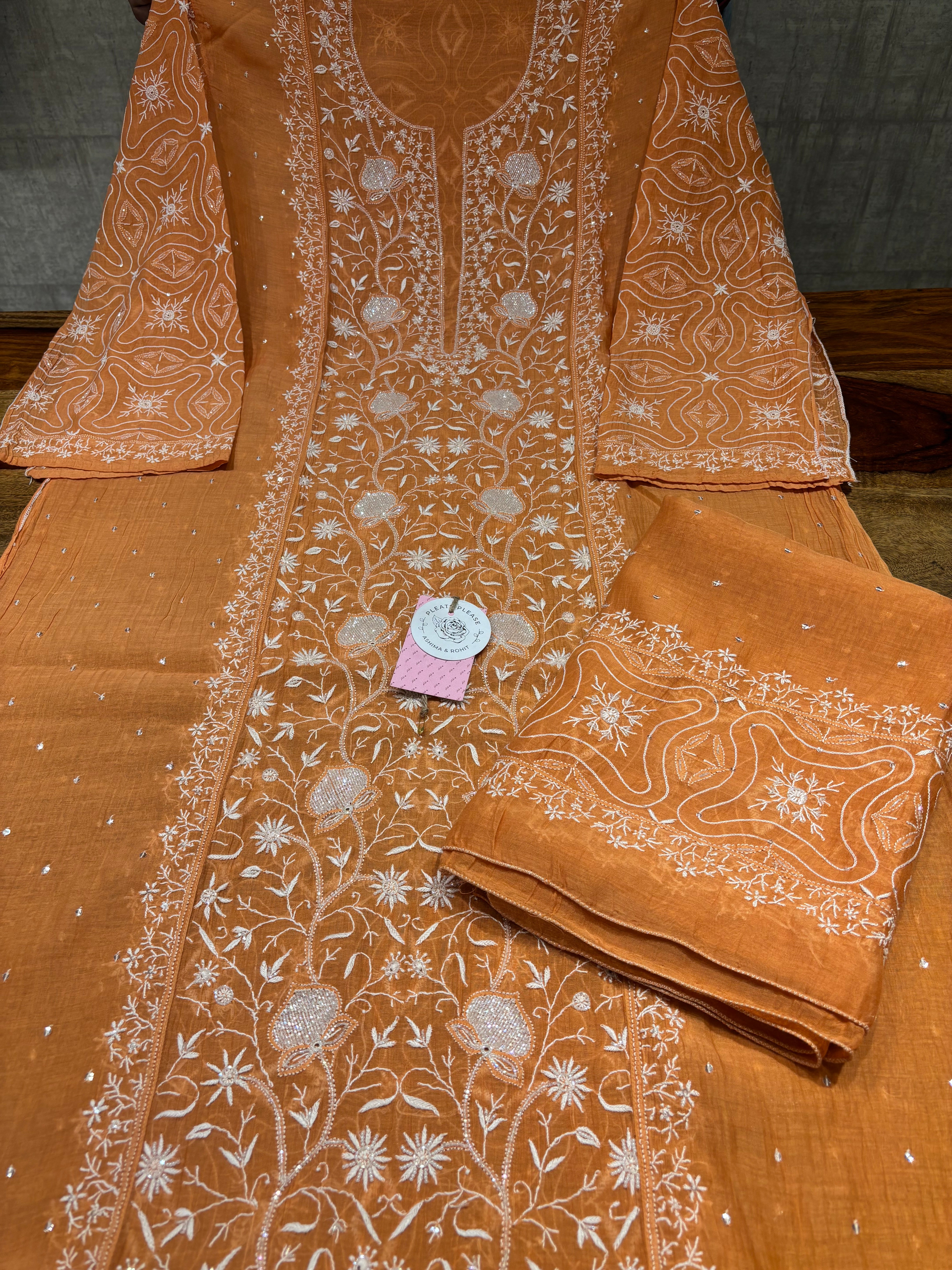 Orange Chanderi Mul Chikankari Kurta & Dupatta Set