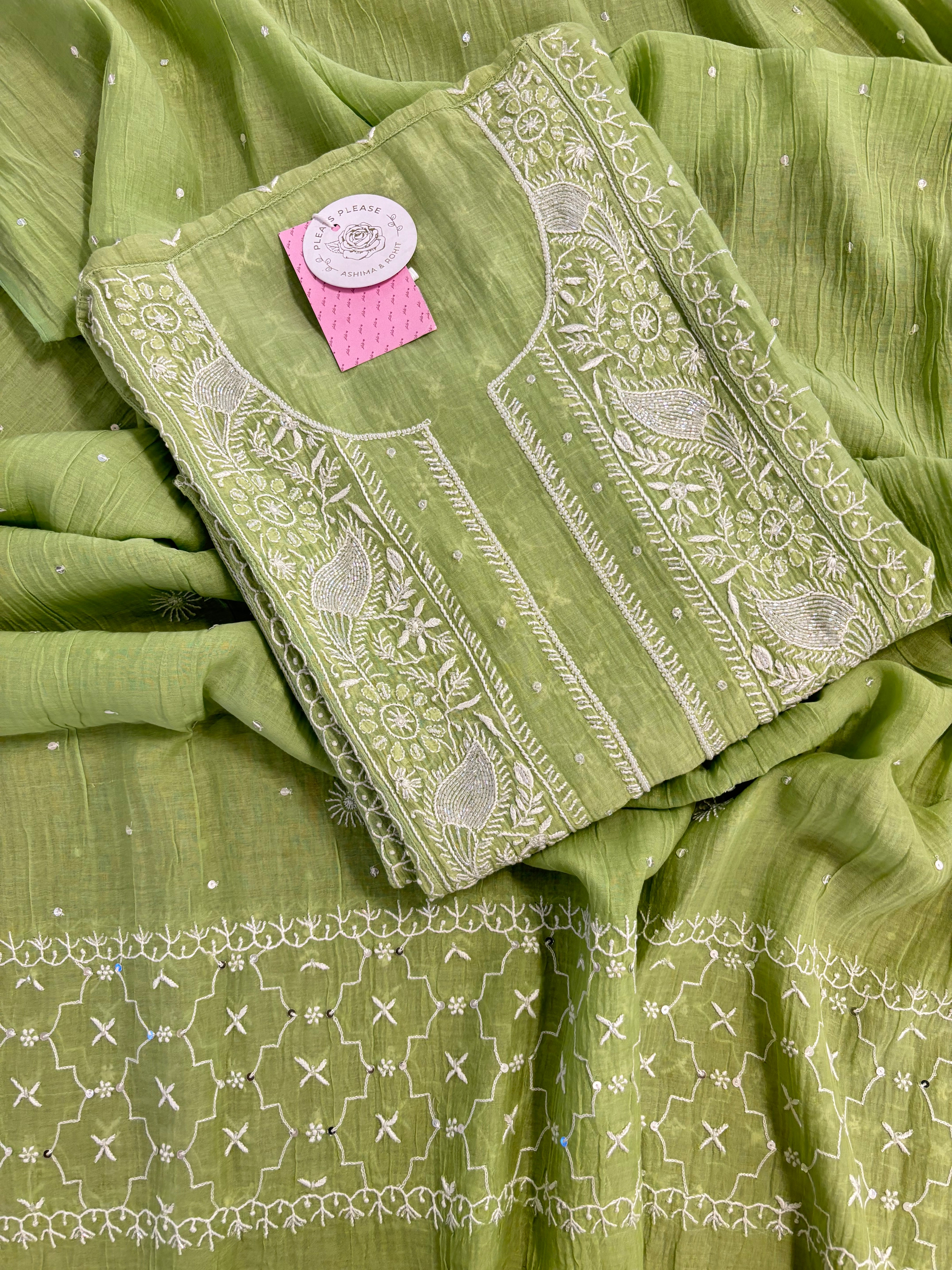 Green Chanderi Chikankari Kurta & Dupatta