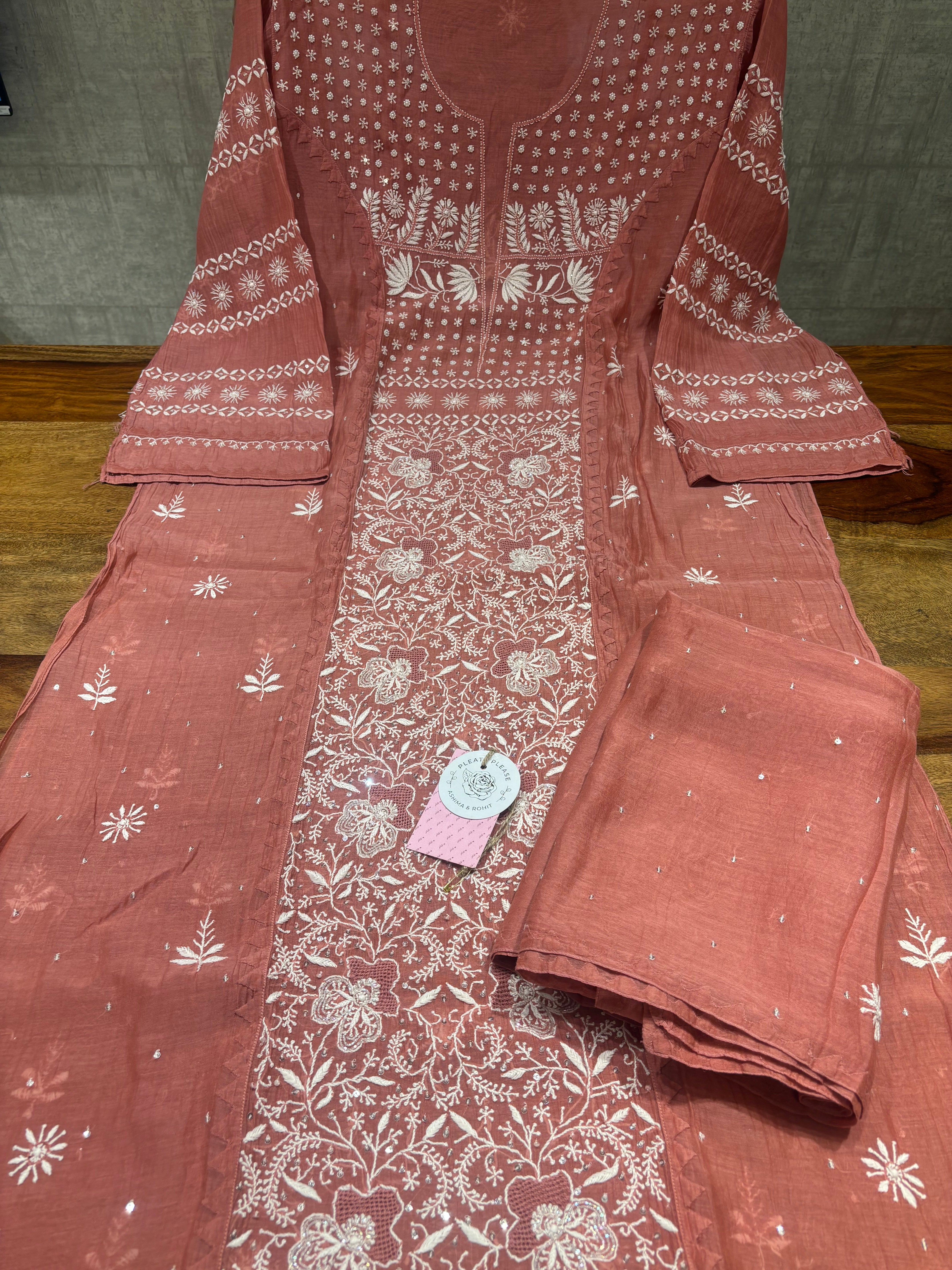 Coral Chanderi Mul Chikankari Kurta & Dupatta Set