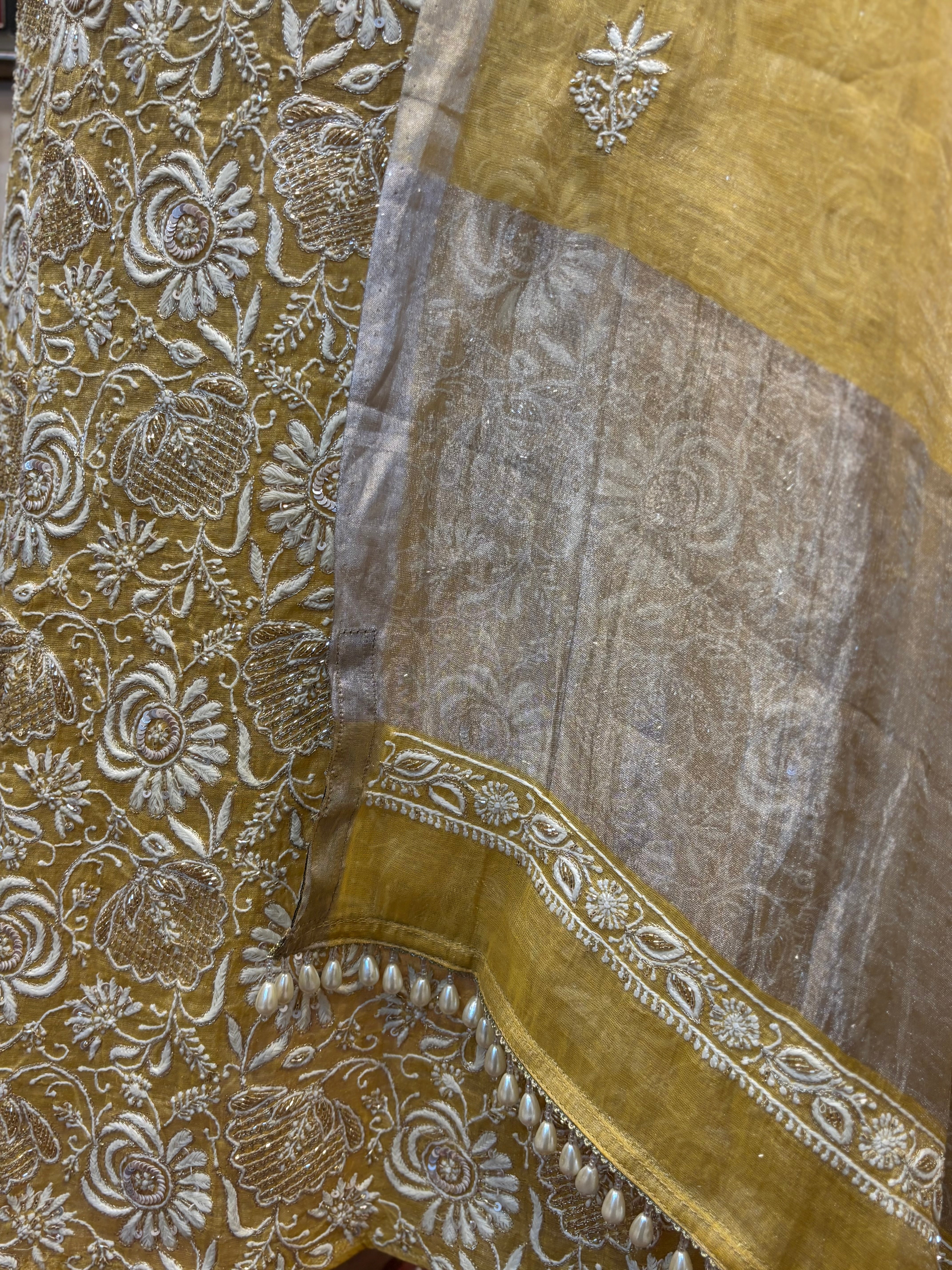 Mustard Pure & Premium Tissue Chikankari Kurta & Dupatta Set