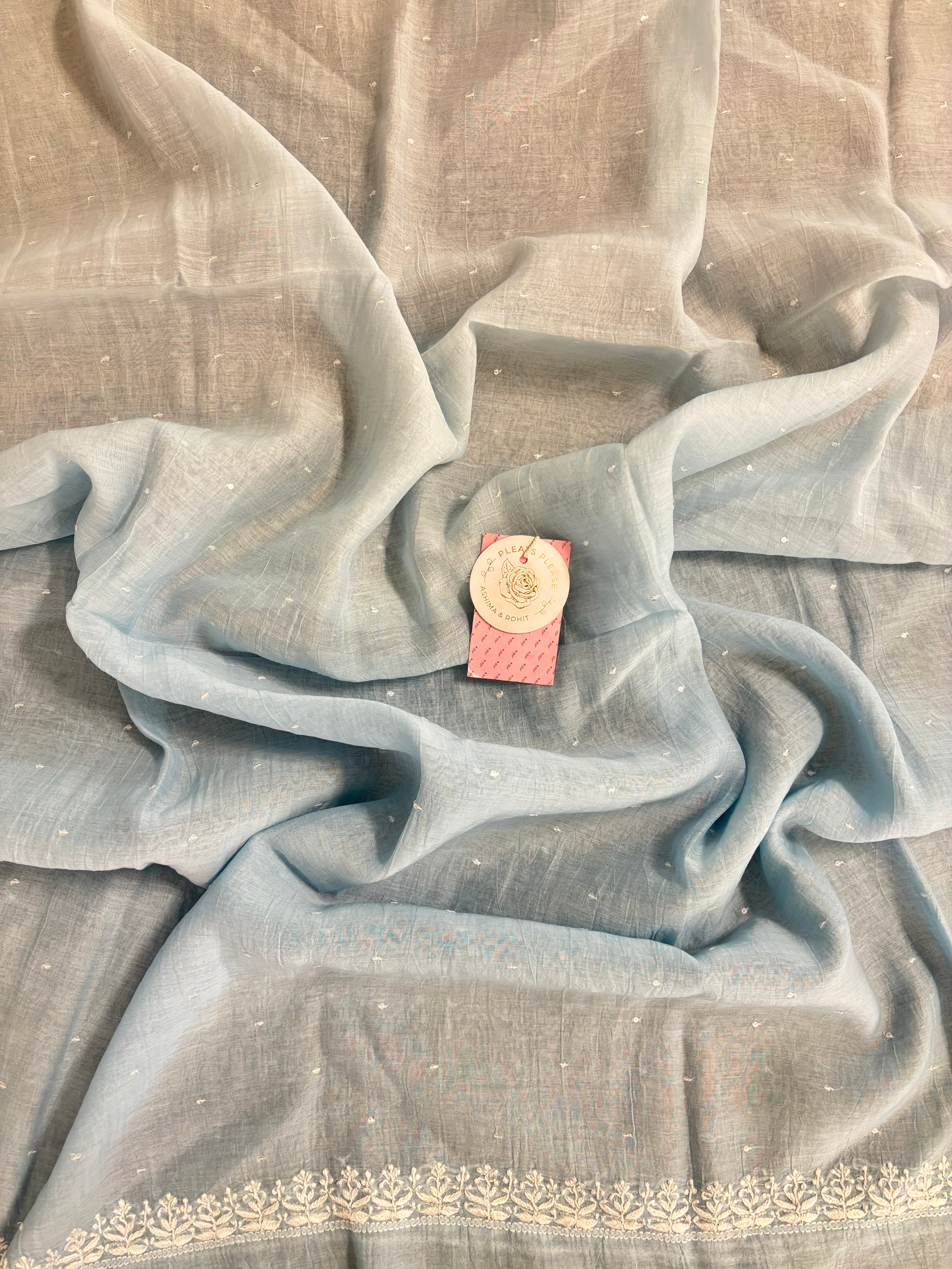 Pastel Blue Pure Chanderi Ombre Chikankari Kurta & Dupatta - Pleats PleaseChikankari