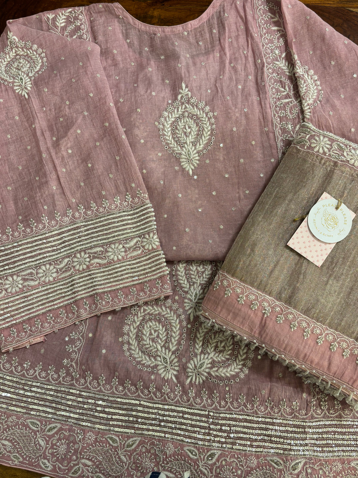 Pink Pure & Premium Tissue Chikankari Anarkali & Dupatta