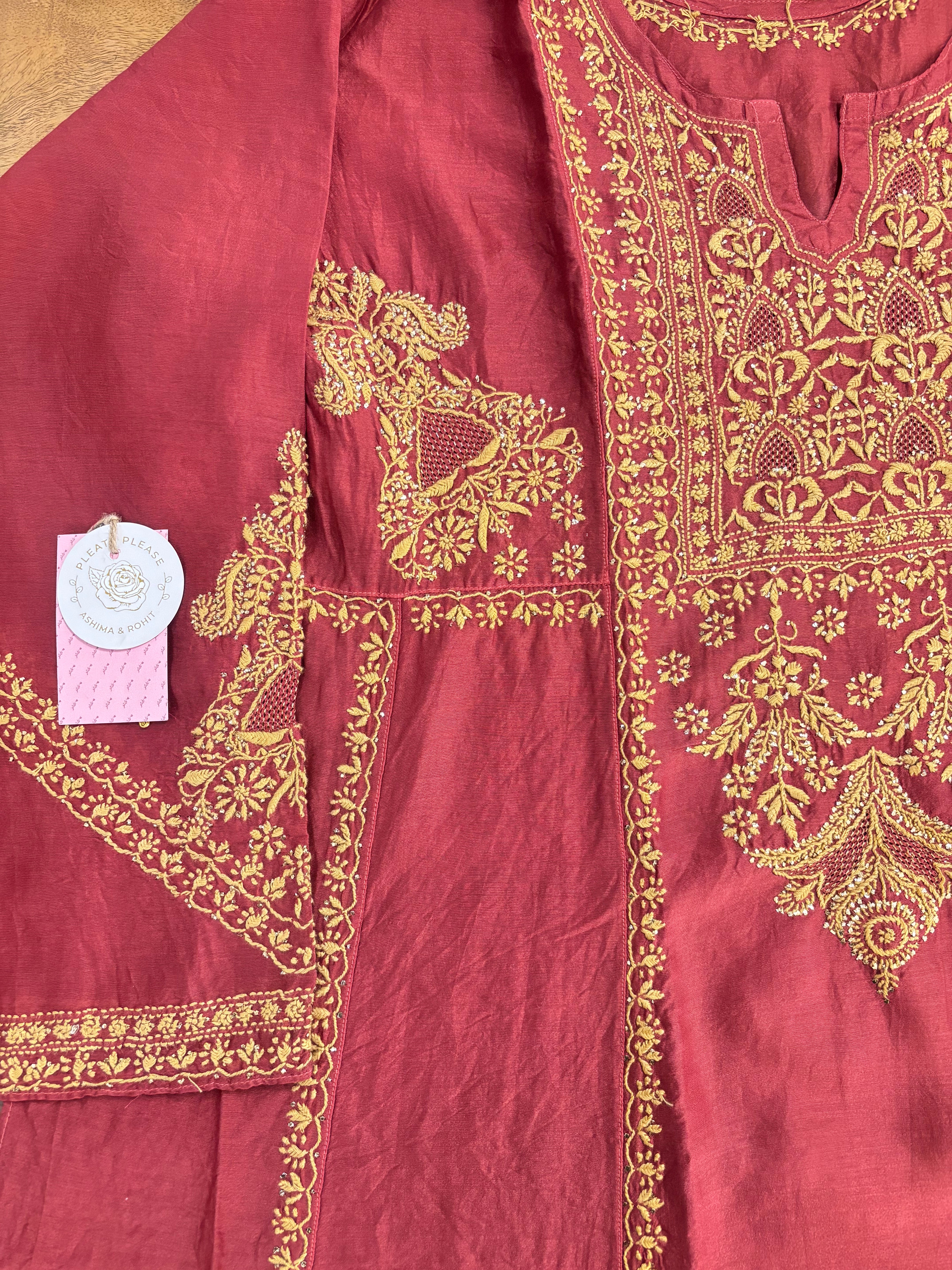 Maroon Chanderi Silk A-line Chikankari Mukaish Kurta & Dupatta Set