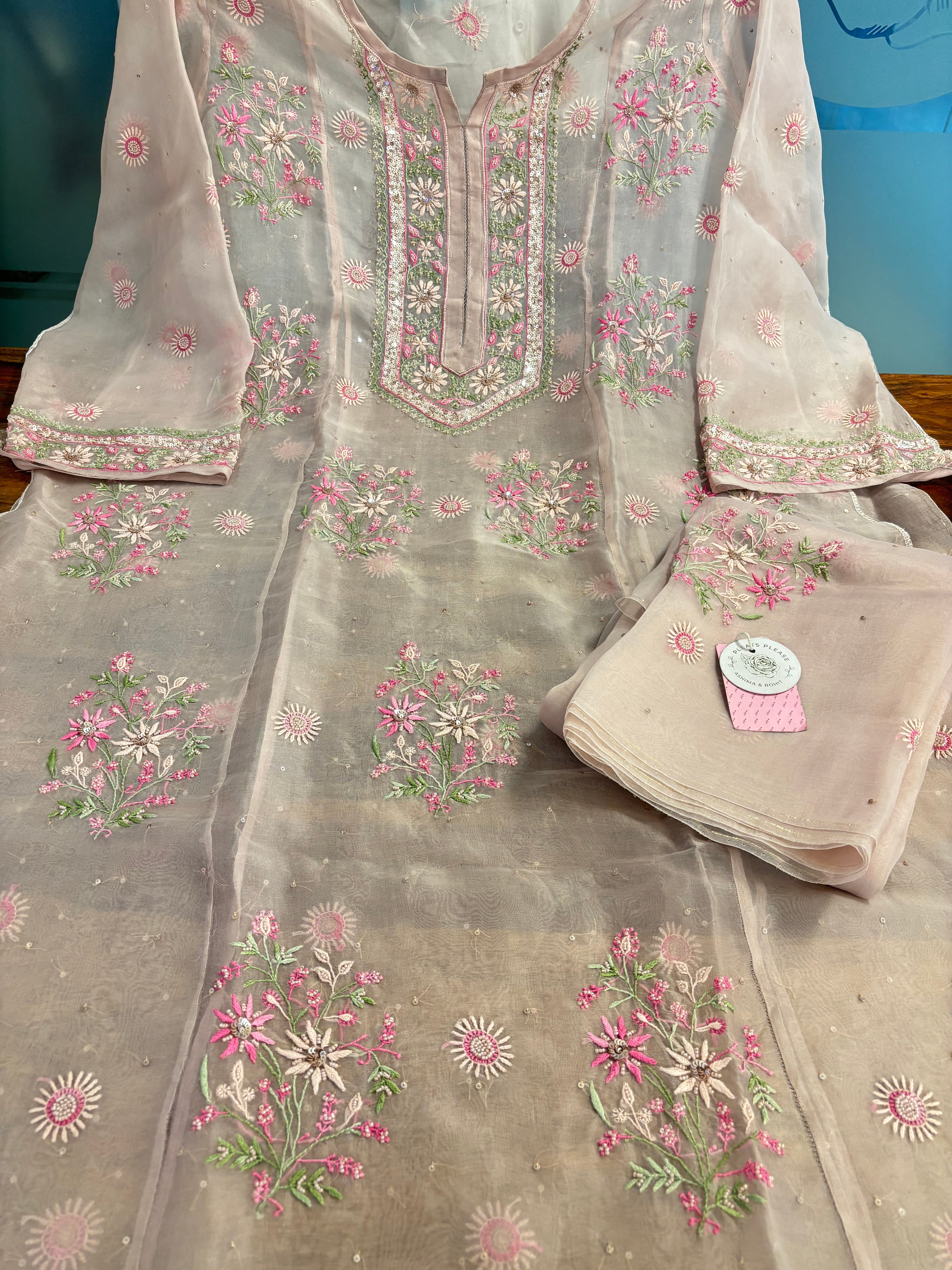 Blush Pink Pure Organza Silk Chikankari Kurta & Dupatta