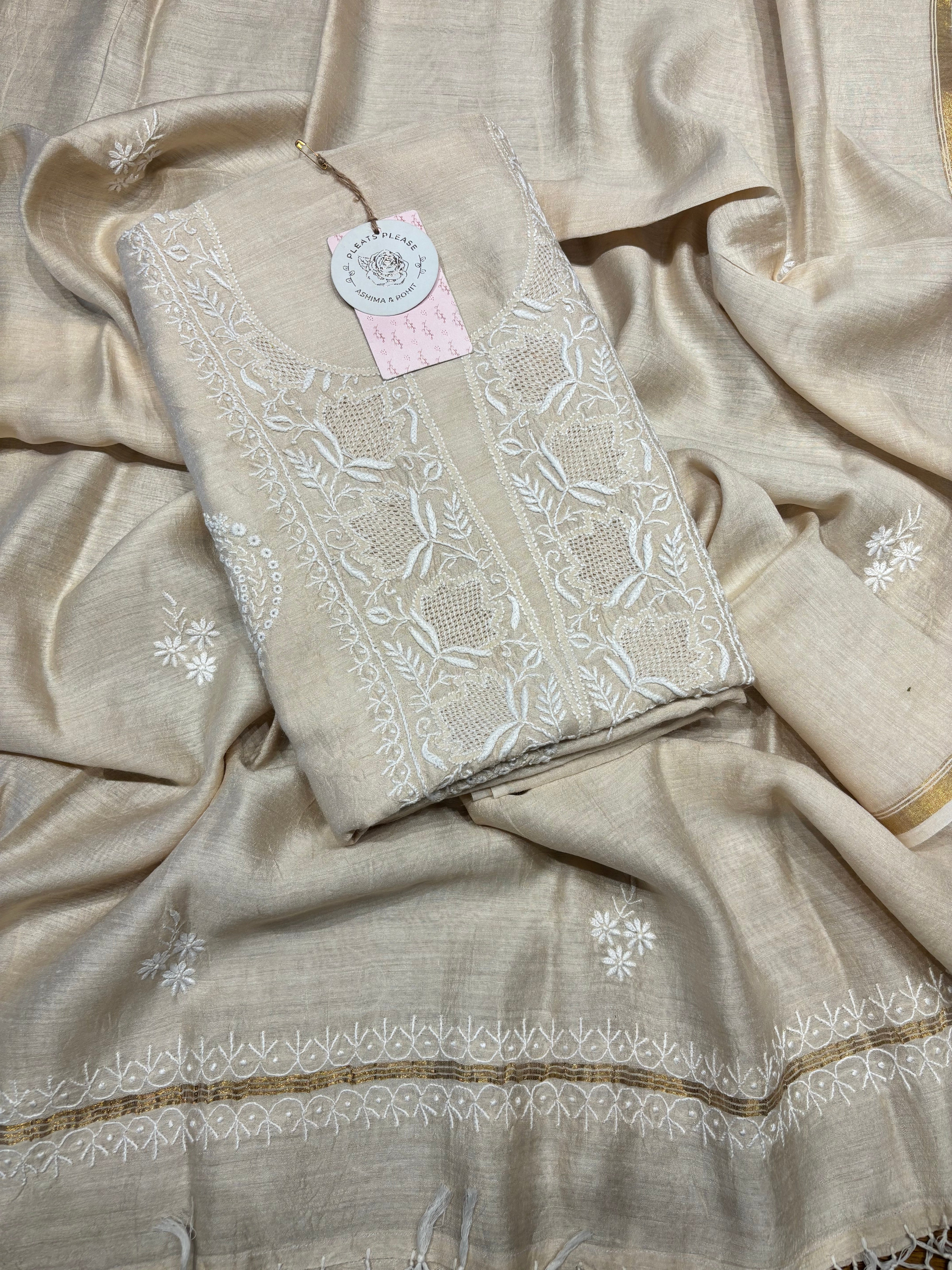 Natural Silk Chikankari Kurta and Dupatta Fabric