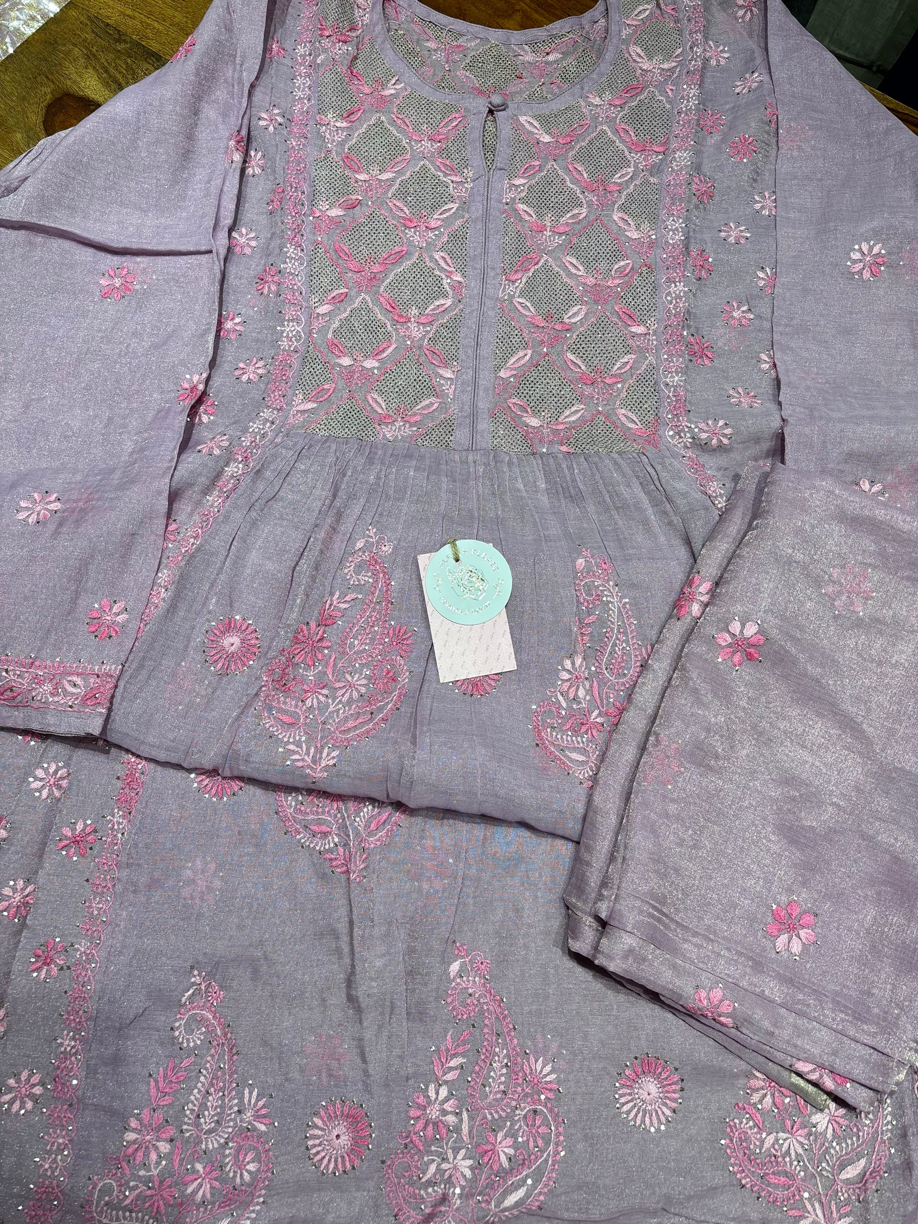 Lilac Pure & Premium Tissue Chikankari Tunic Kurta & Dupatta Set