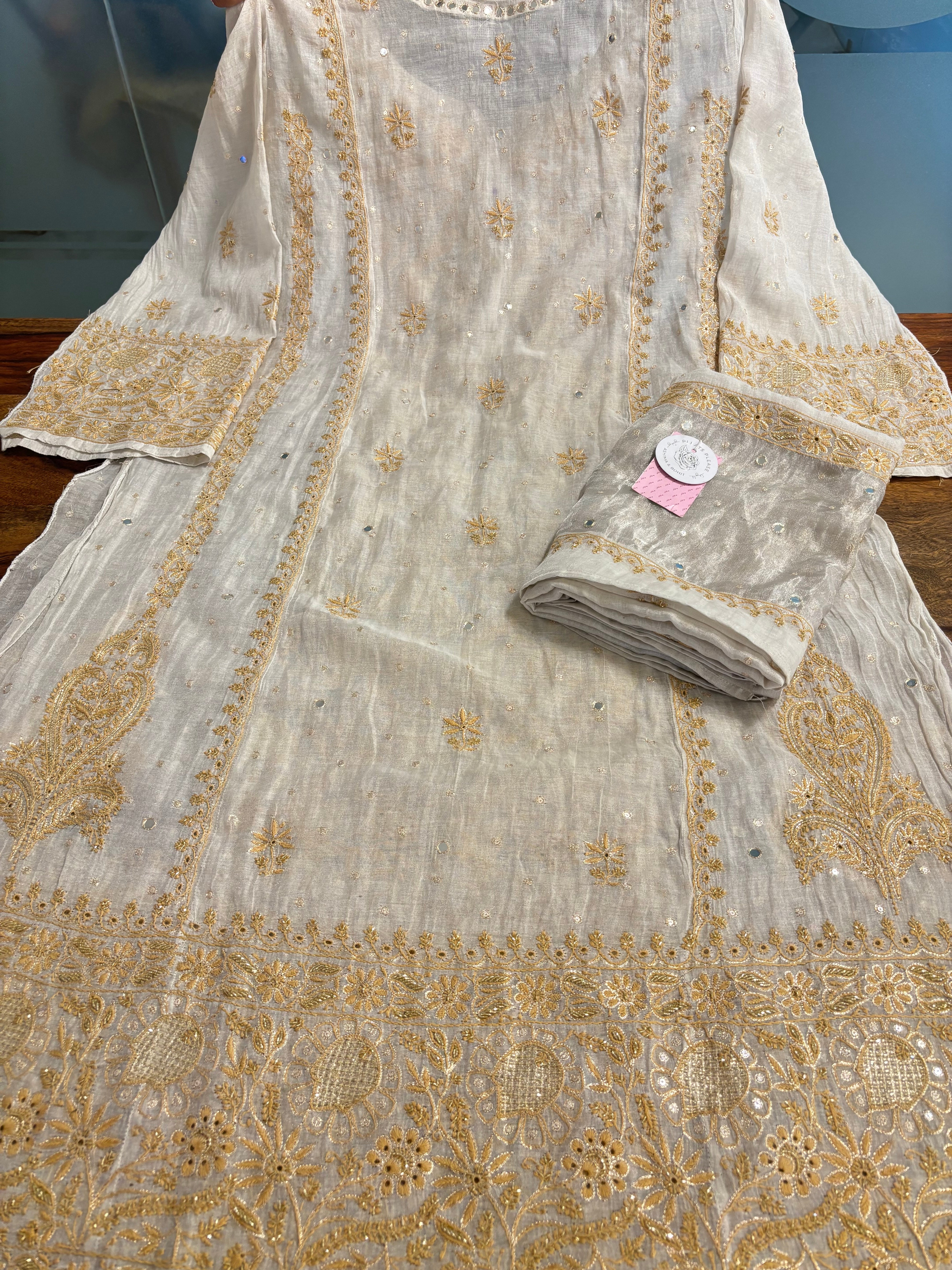 Dyeable Silver Tissue Mirror Neckline Chikankari Kurta & Dupatta - Pleats PleaseChikankari