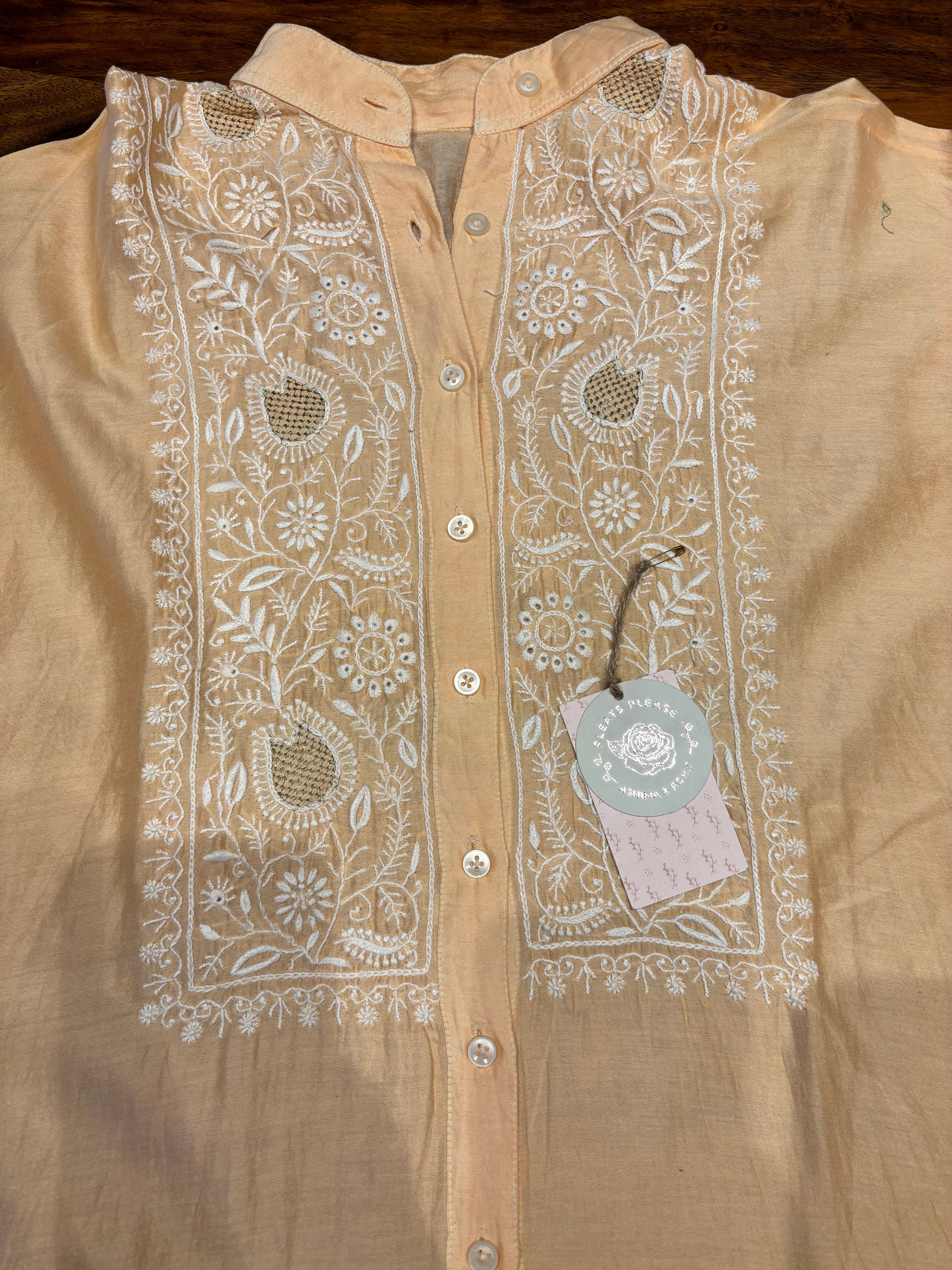 Peach Chanderi Silk Chikankari Shirt