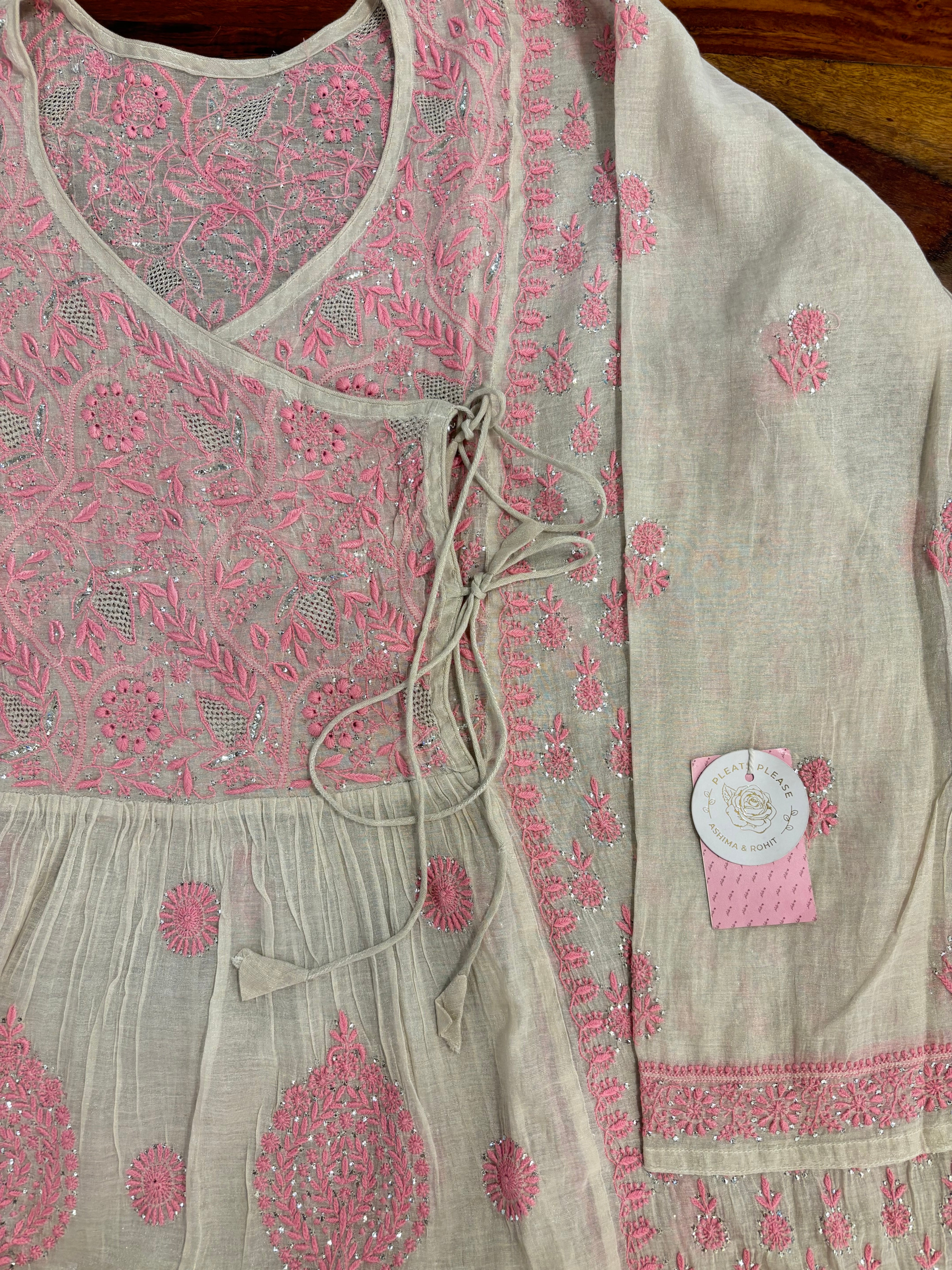 Dyeable Pure & Premium Silver Tissue Mukaish Chikankari Angrakha Kurta & Dupatta Set - Pleats PleaseChikankari