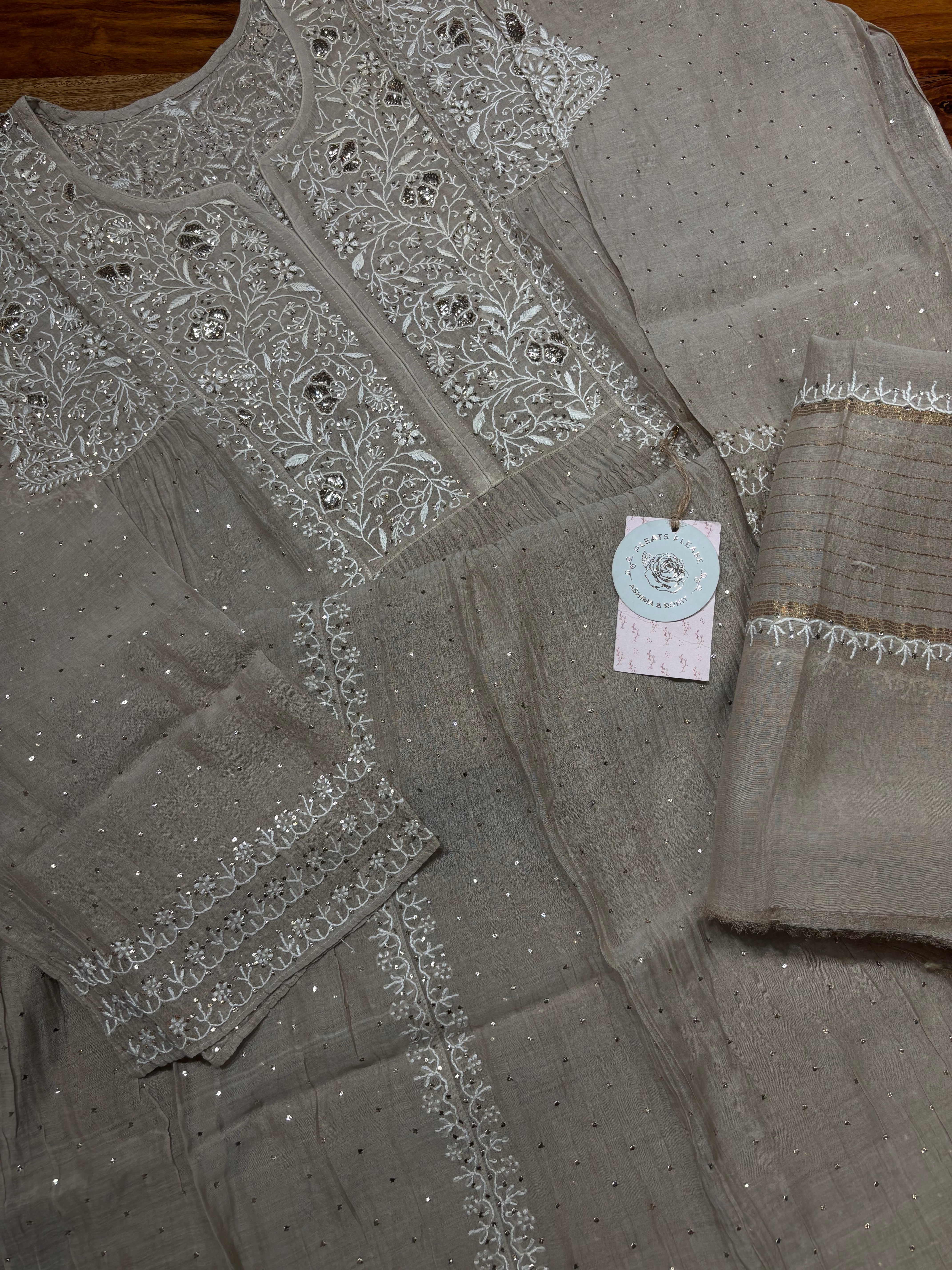 Mocha Mousse Chanderi Mul Chikankari Kurta and Dupatta set