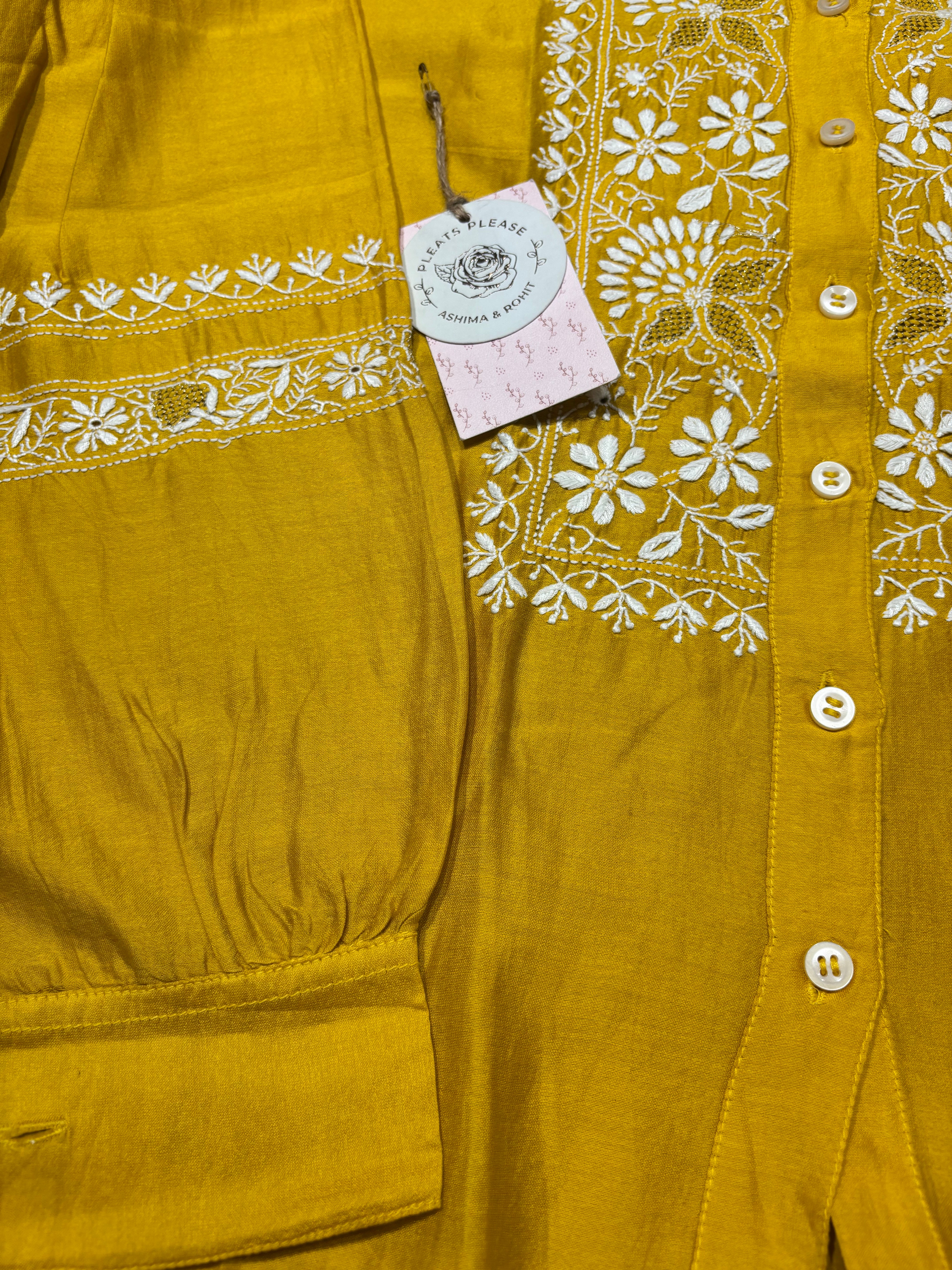 Mustard Chanderi Silk Chikankari Shirt