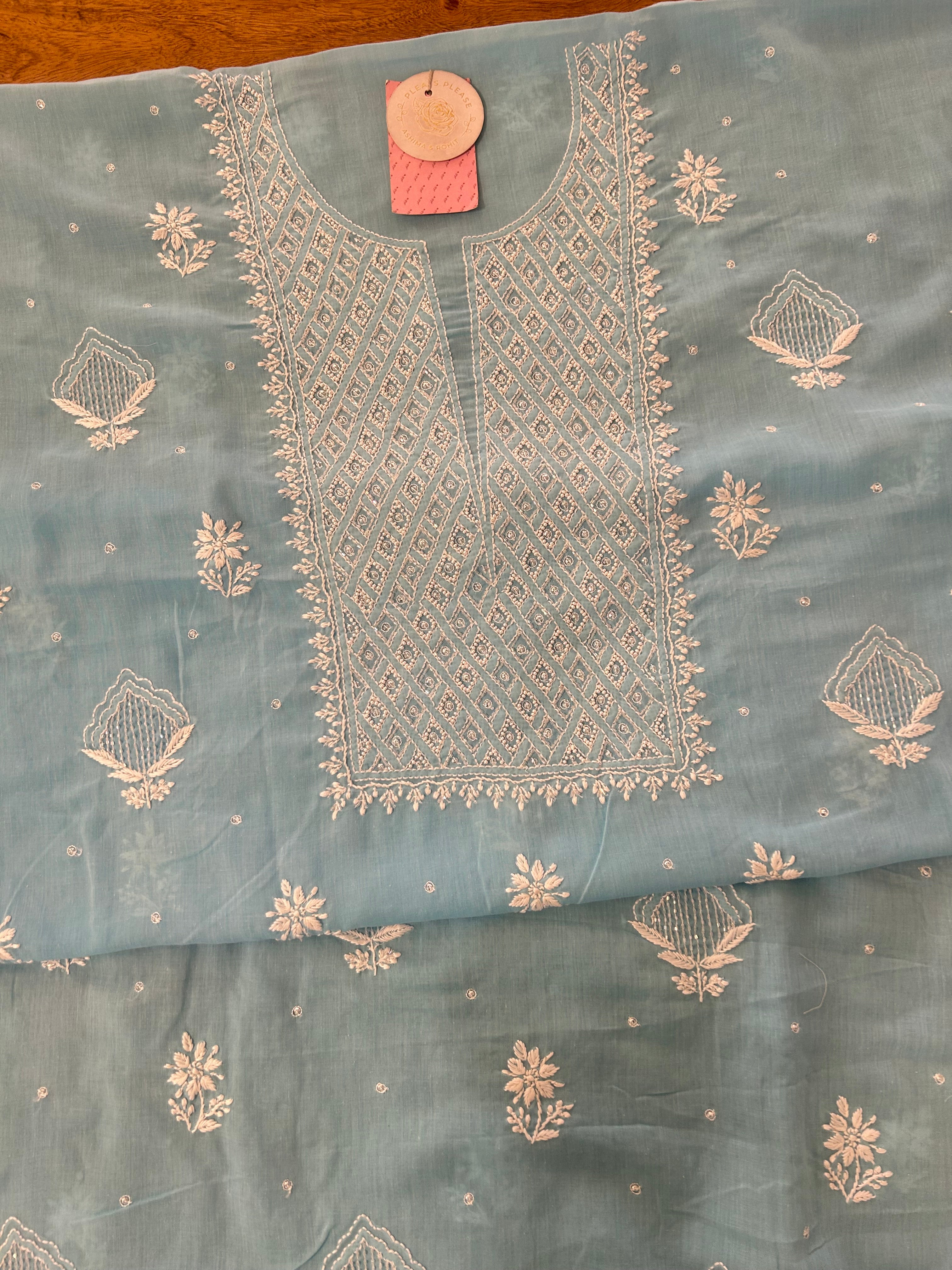 Ice Blue Mulmul Chikankari Kurta - Pleats PleaseChikankari