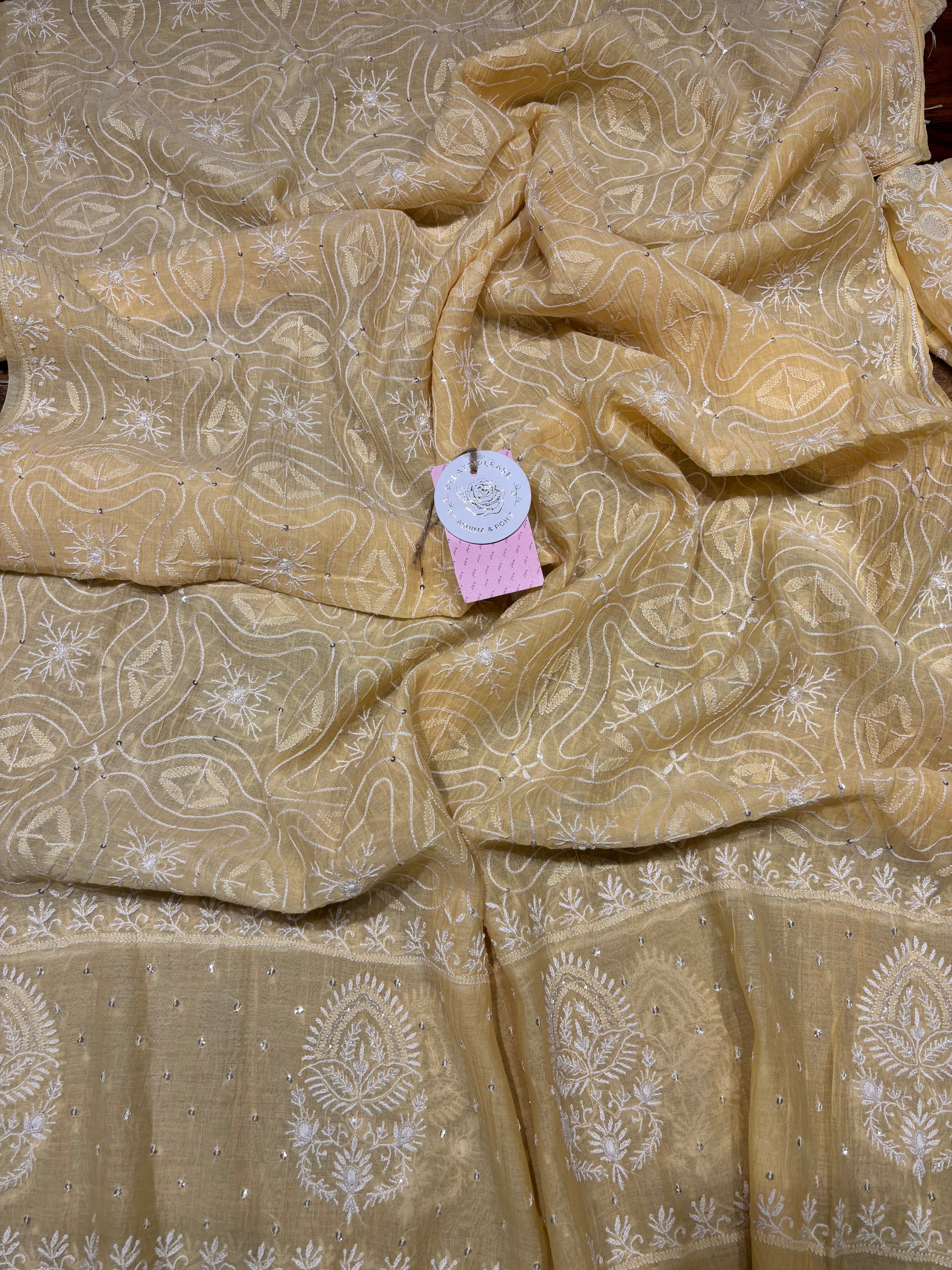 Butter Yellow Chanderi Mul Chikankari Kurta & Dupatta Set