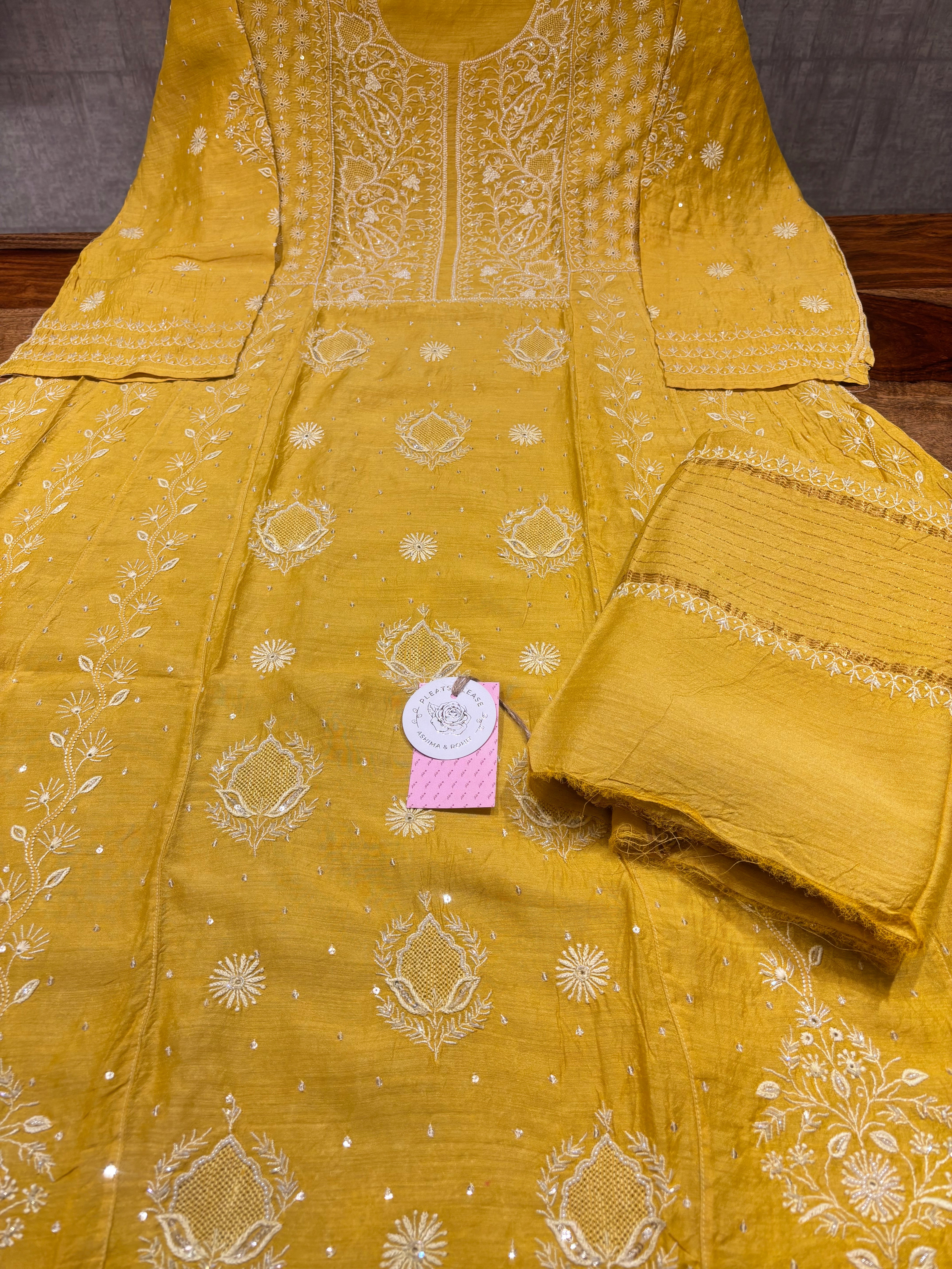 Mustard Pure & Premium Monga Silk Chikankari Anarkali & Dupatta Set