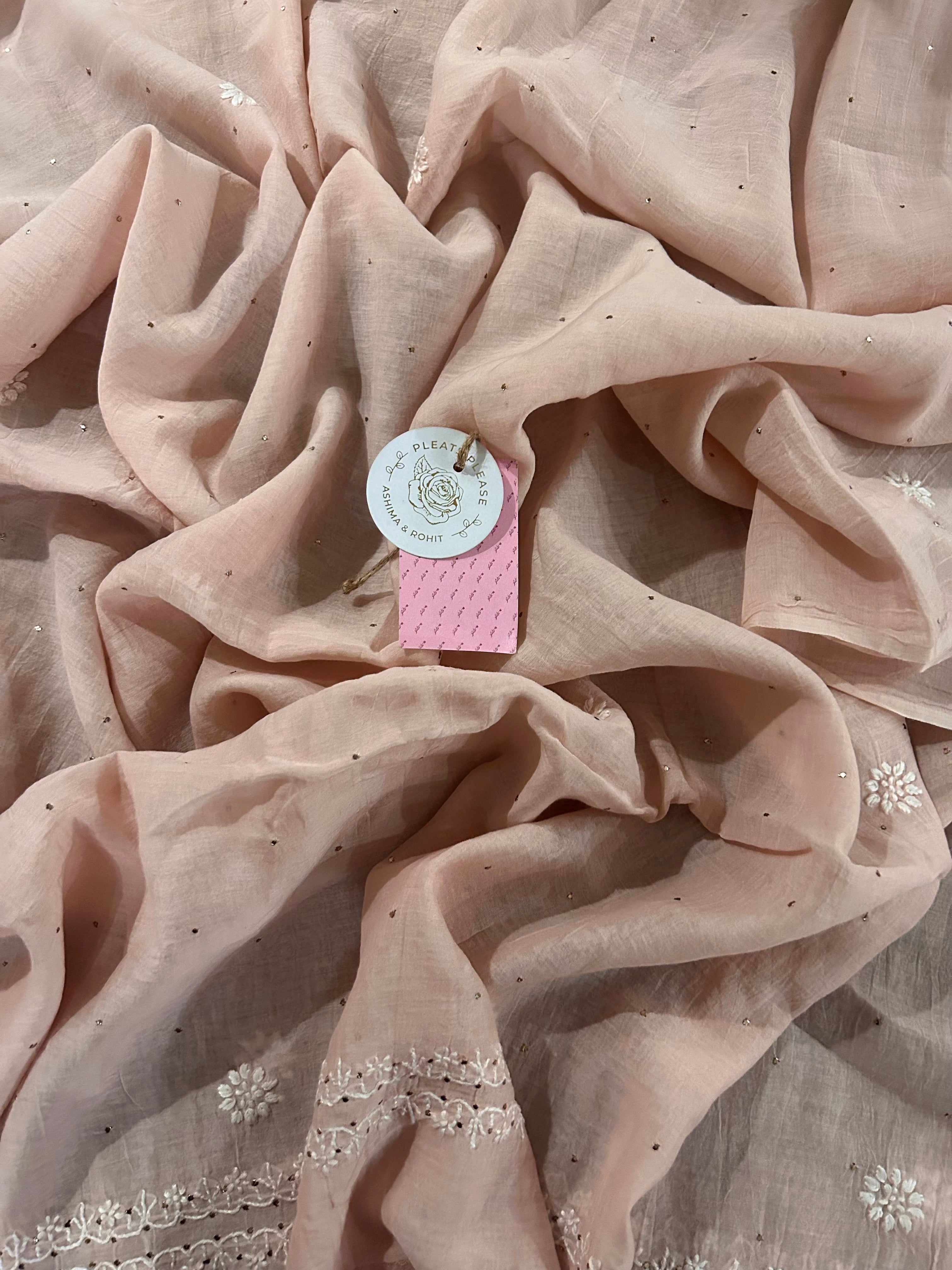 Pastel Peach Chanderi Mul Chikankari Mukaish Kurta & Dupatta