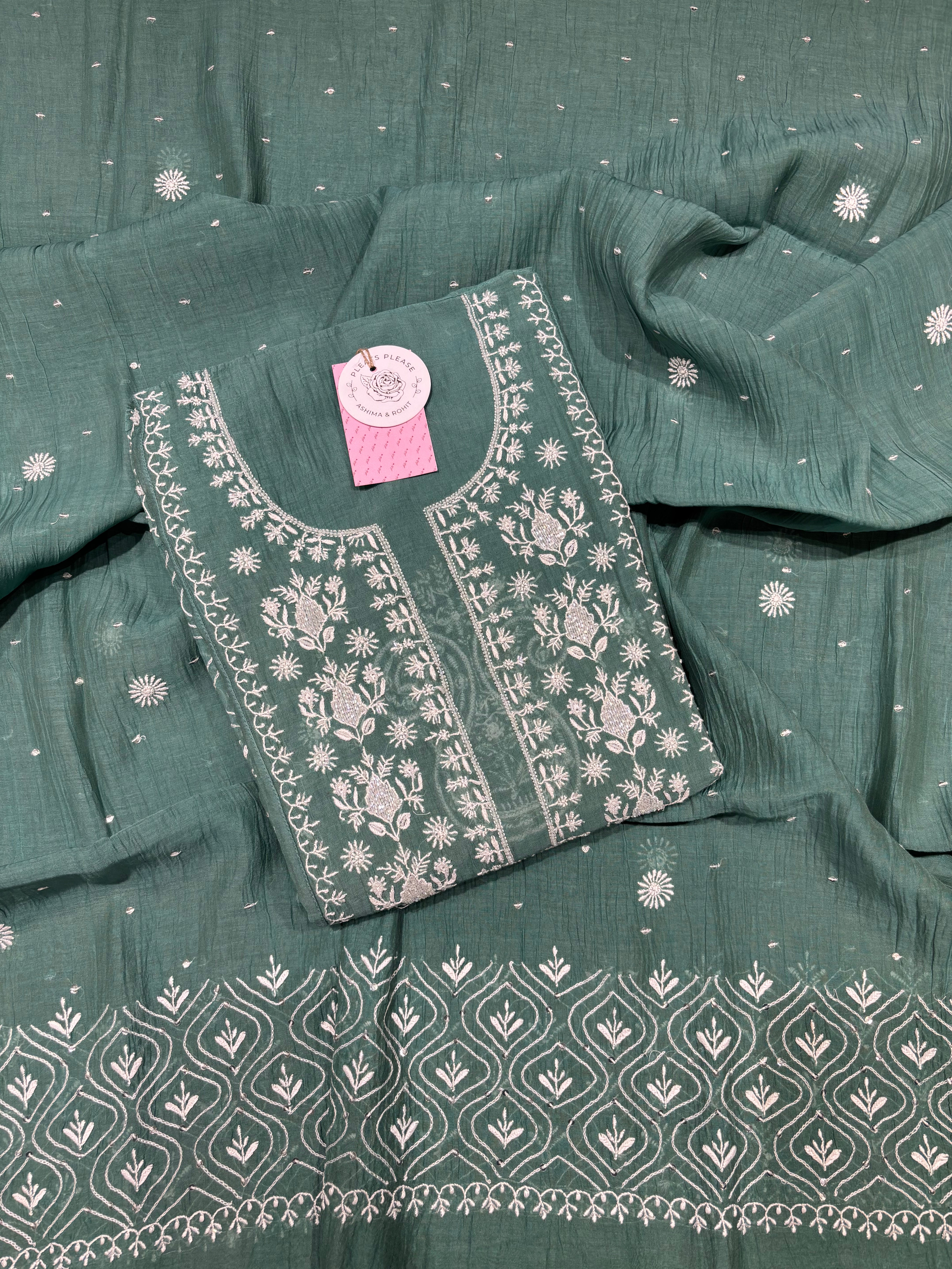 Clover Green Chanderi Mul Chikankari Kurta & Dupatta set