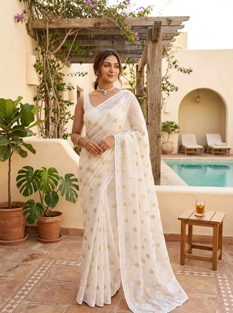 Dyeable Pure Chanderi Mul With Banarasi Boota Chikankari Saree