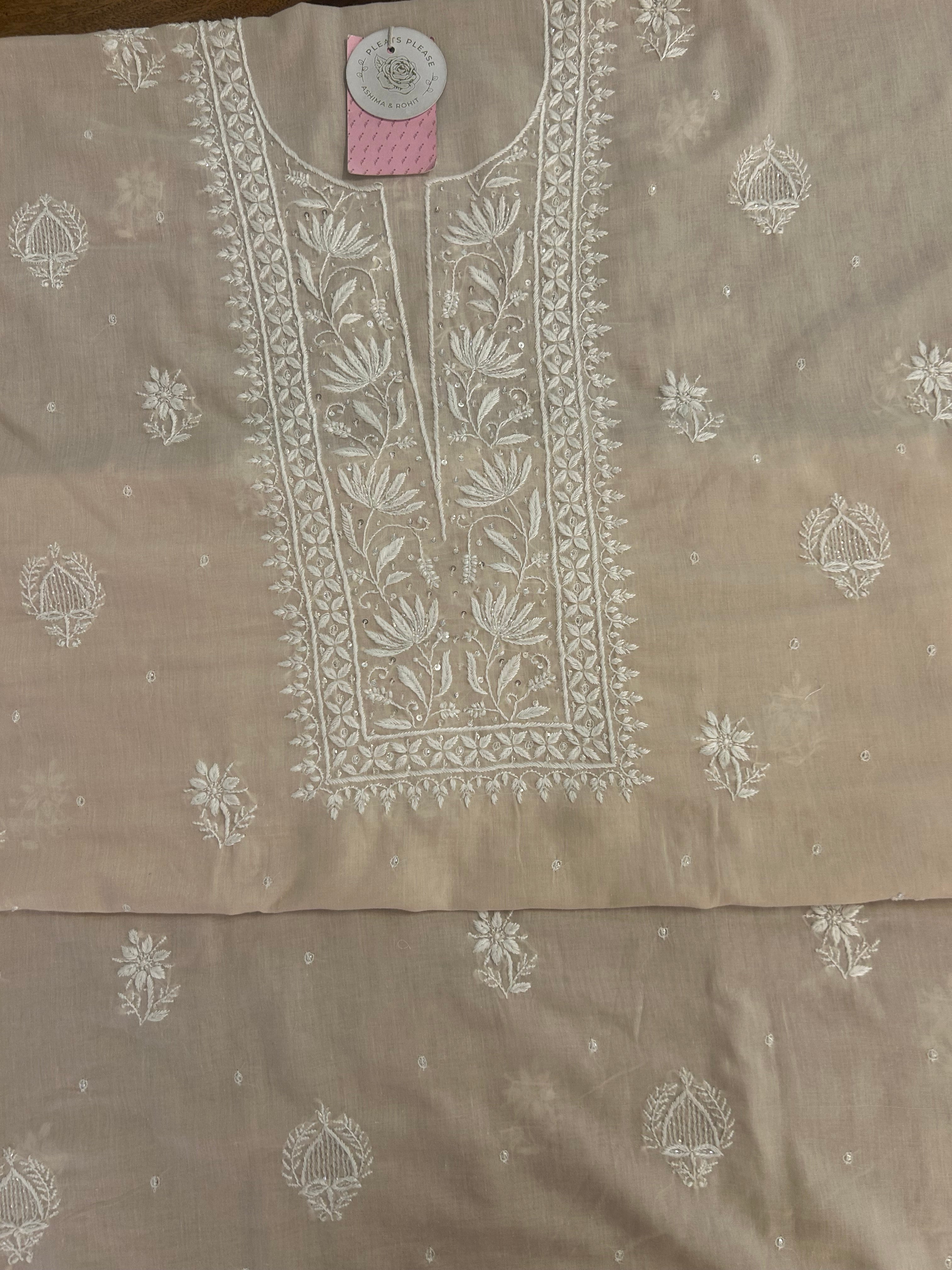 Sand Nude Mulmul Chikankari Kurta - Pleats PleaseChikankari