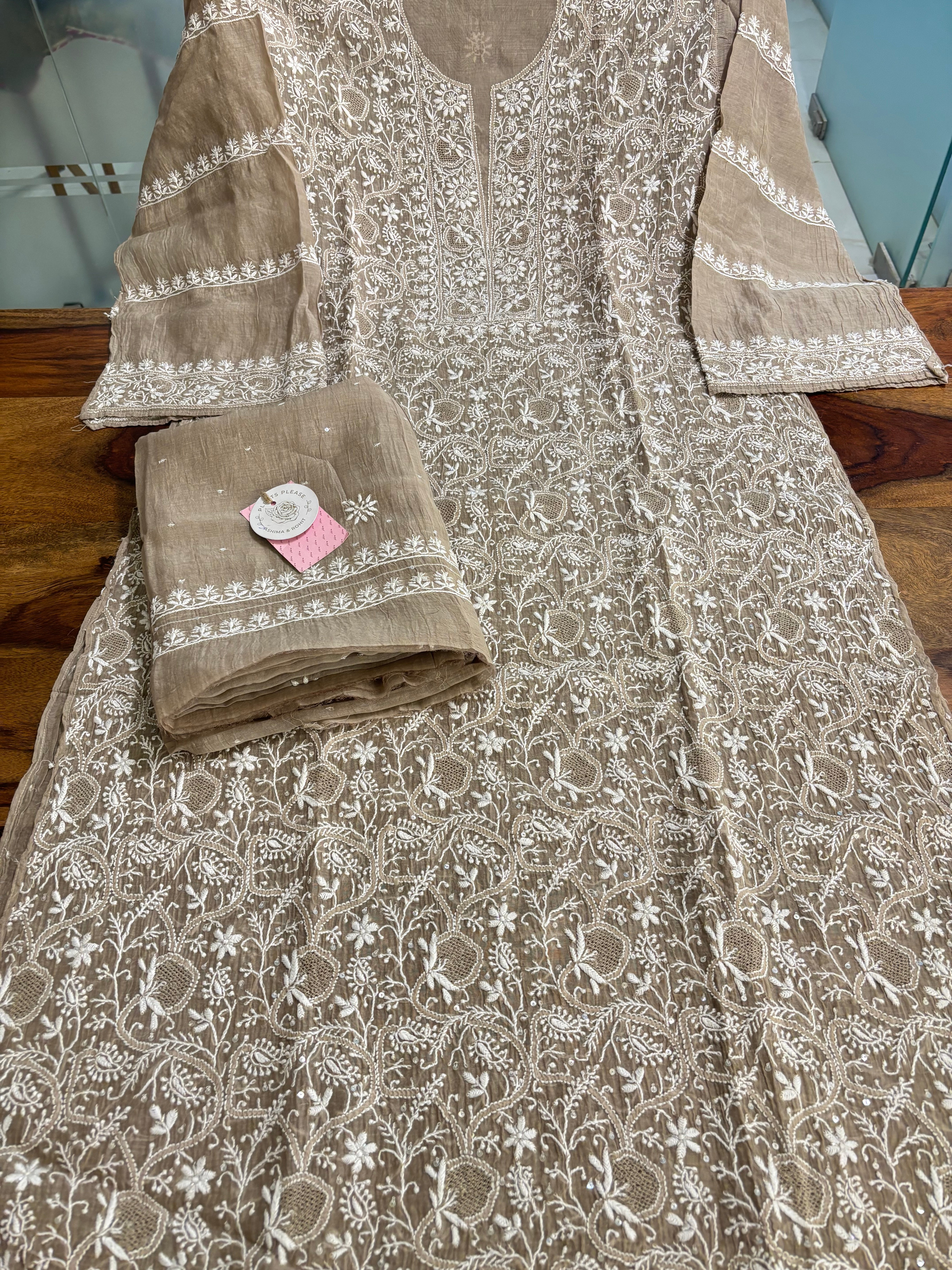Camel Brown Chanderi Mul Chikankari Kurta and Dupatta