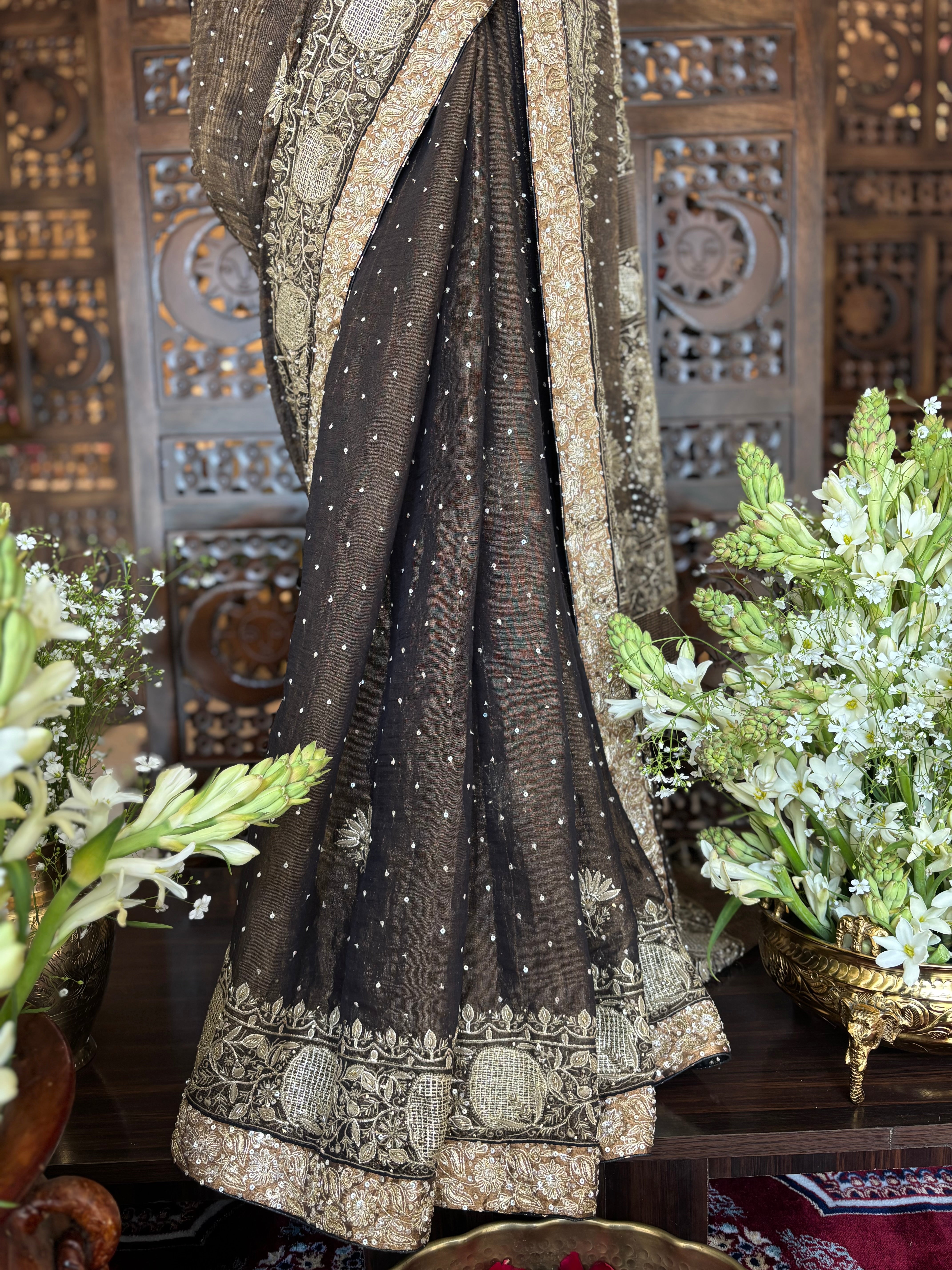 Black Pure and Premium Tissue Chikankari Saree and Blouse - Pleats PleaseChikankari