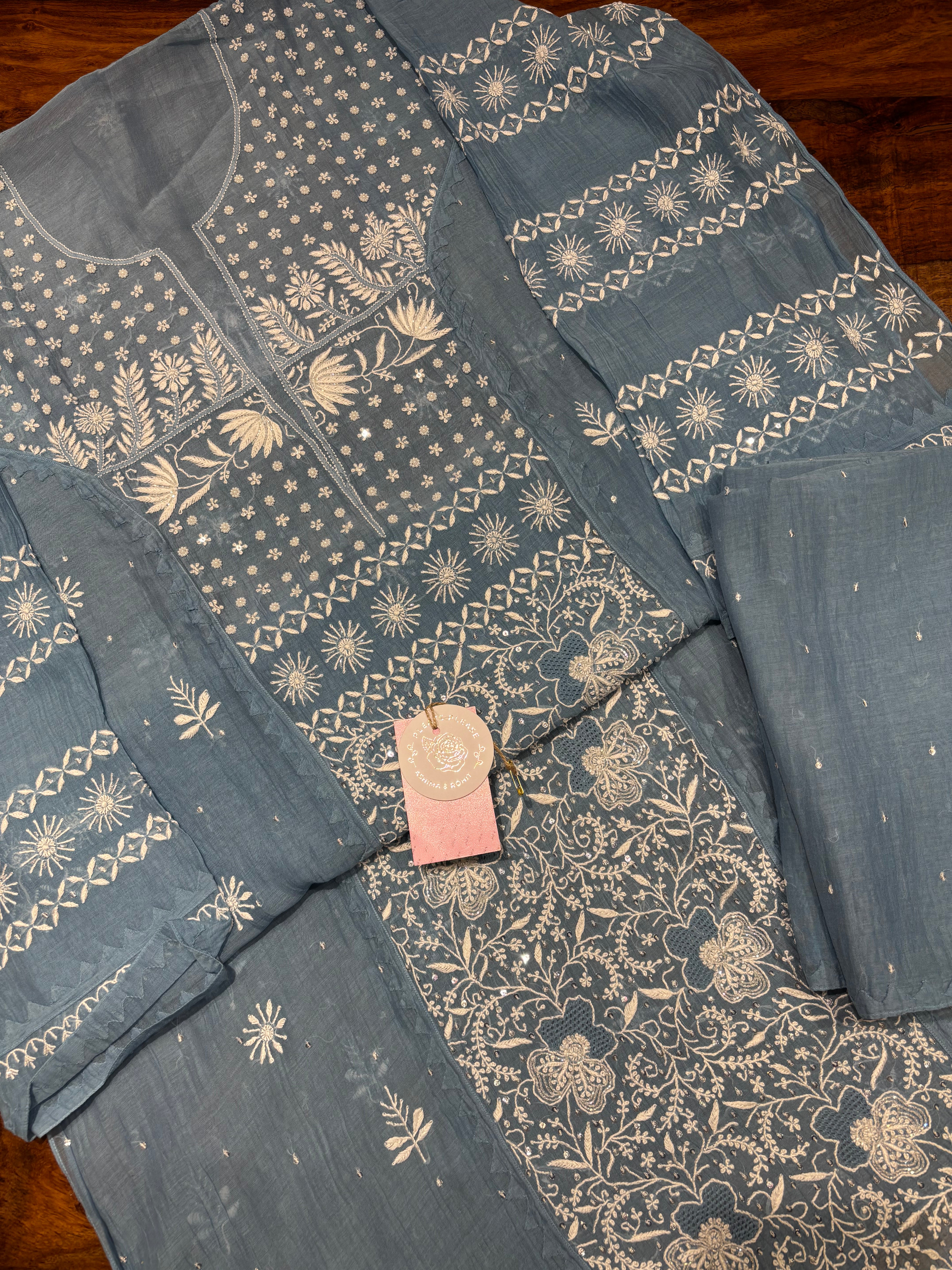 Teapot Blue Chanderi Mul Chikankari Kurta & Dupatta Set