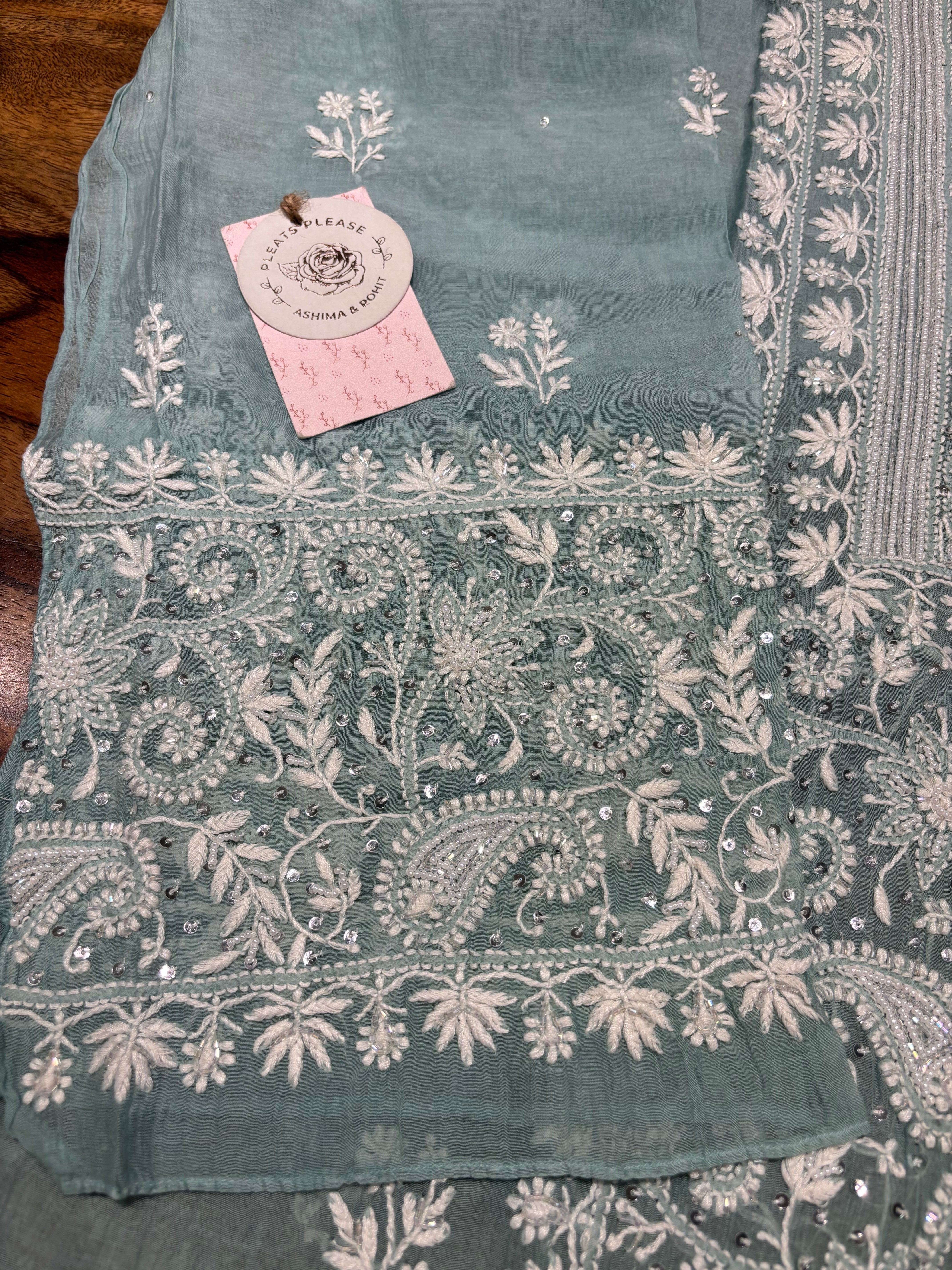 Sea Foam Chanderi Mul Chikankari Kurta & Dupatta Set
