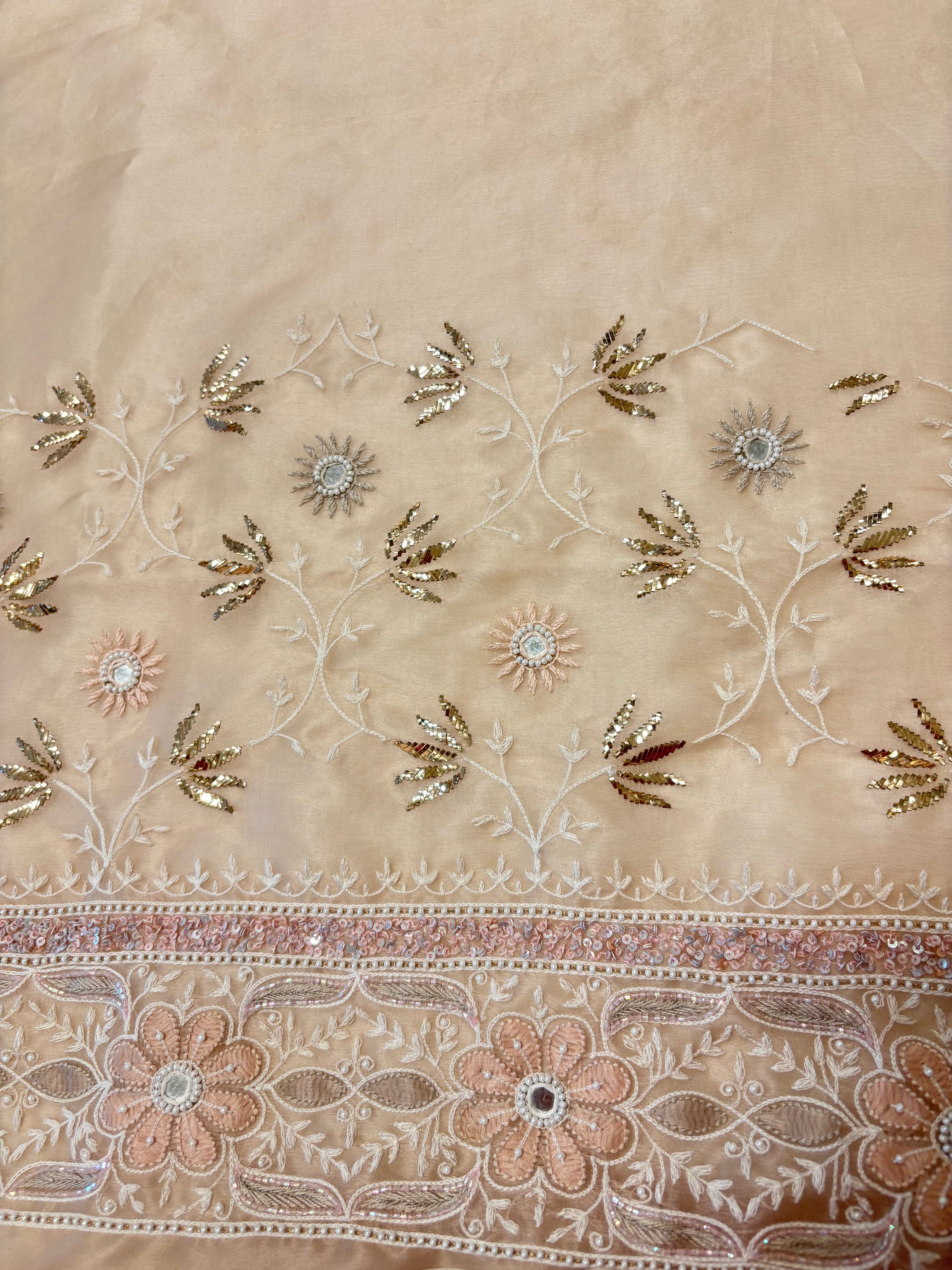 Dusty Peach Pure And Premium Organza Chikankari and Mukaish Saree