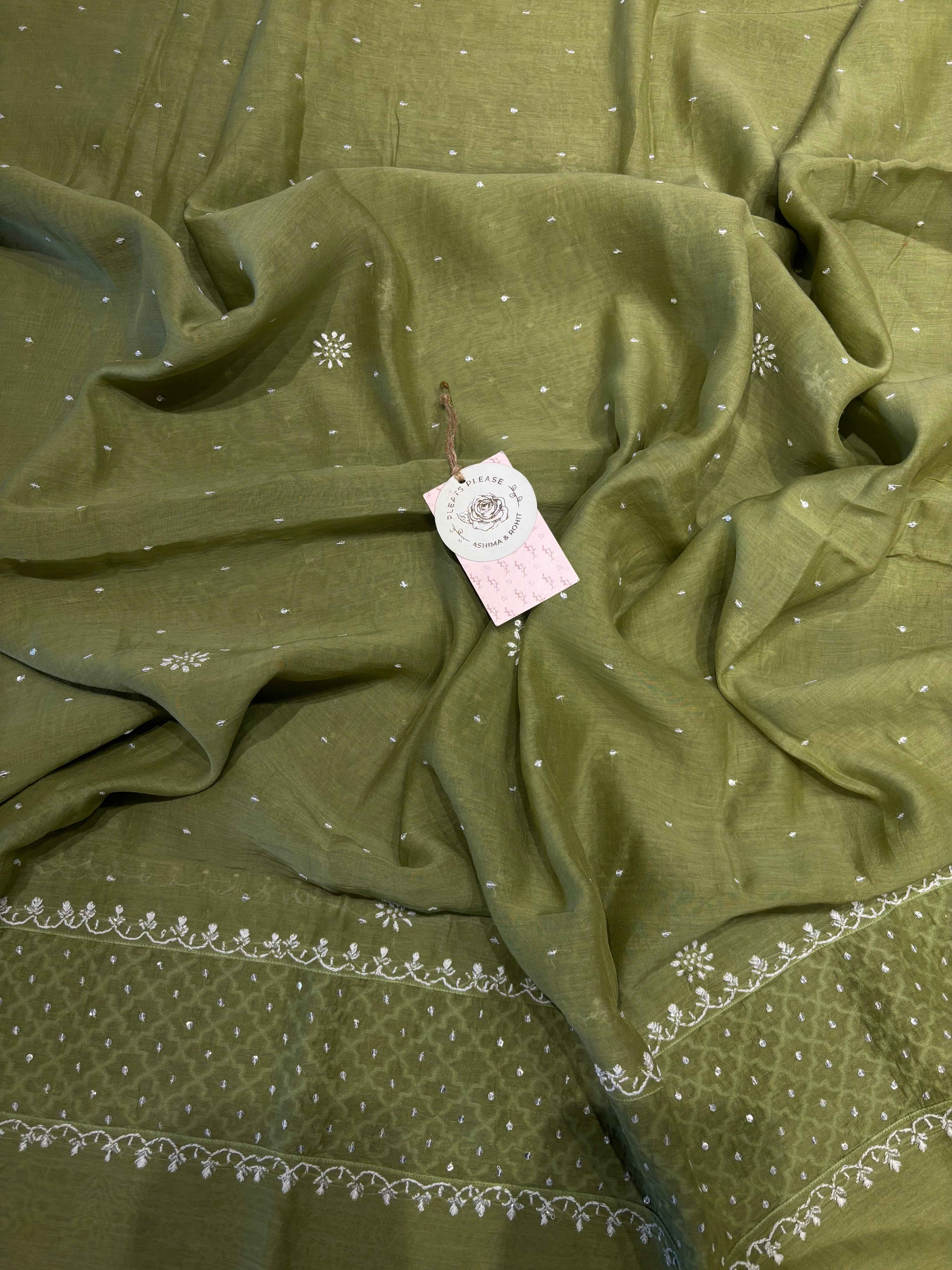 Olive Green Chanderi Mul Chikankari Anarkali and Dupatta - Pleats PleaseChikankari